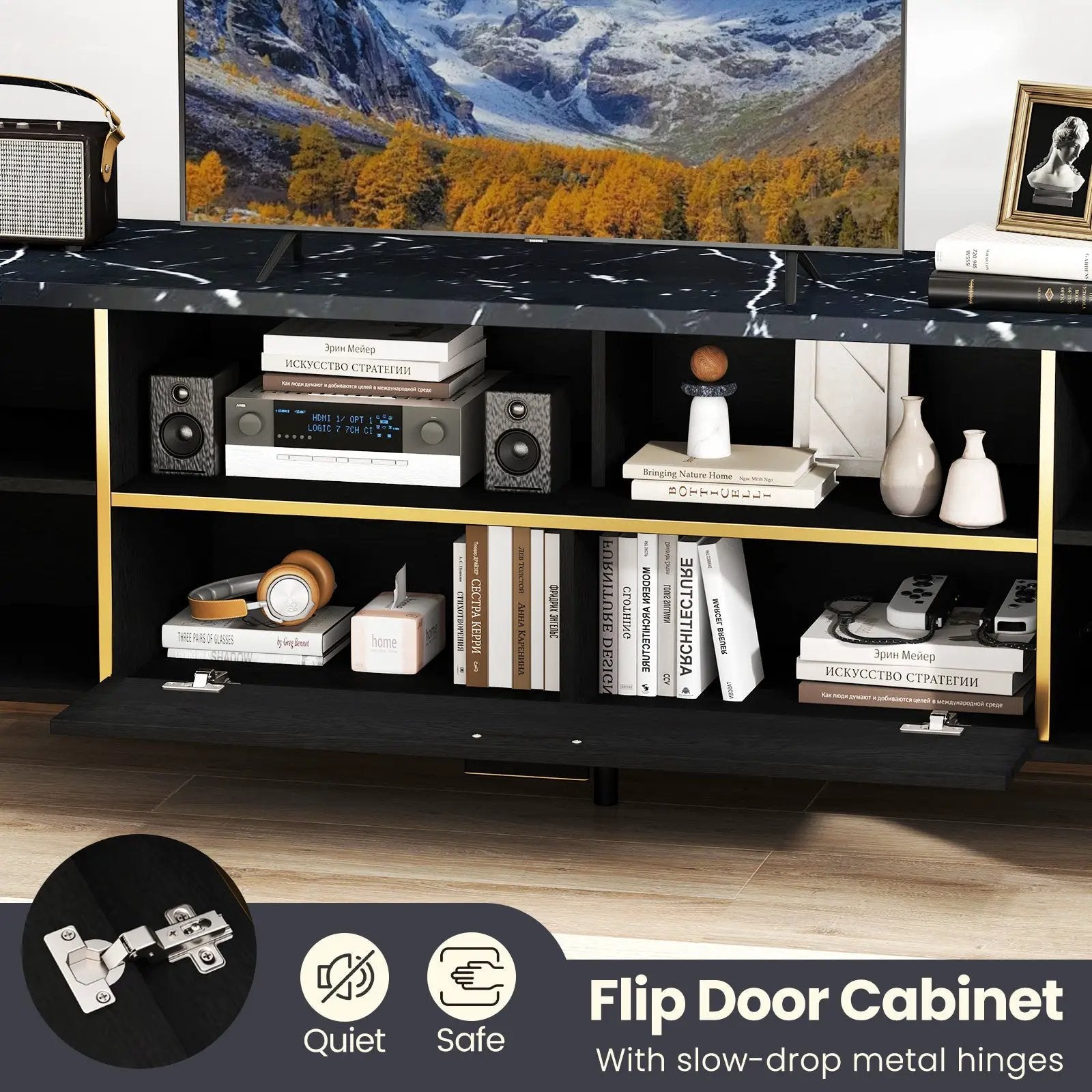 63 Inch TV Stand with Flip Door Cabinet for TVs up to 75 Inch-Black by DirectDeals