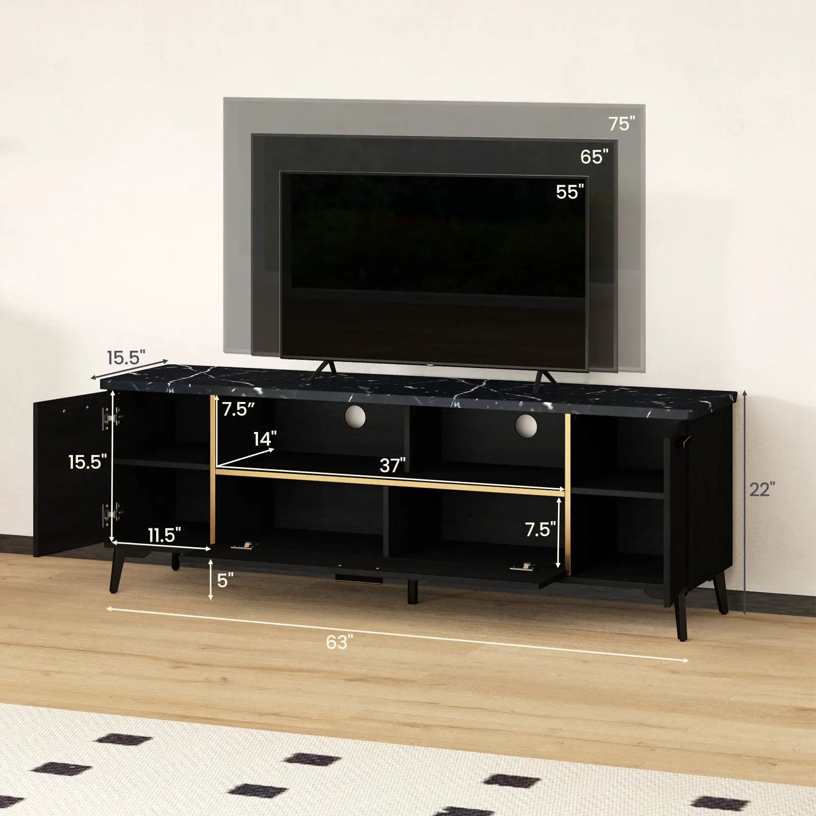 63 Inch TV Stand with Flip Door Cabinet for TVs up to 75 Inch-Black by DirectDeals