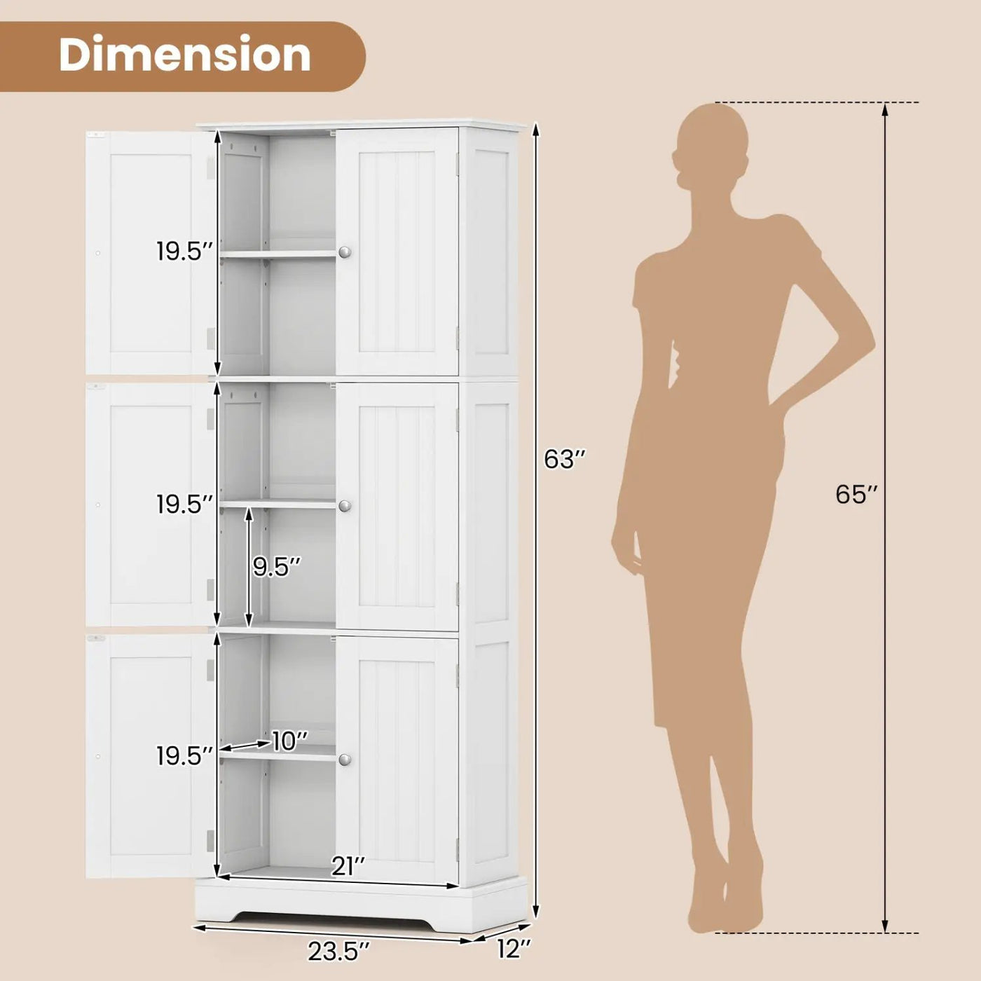 63-Inch Tall Bathroom Storage Cabinet with 6 Doors by DirectDeals