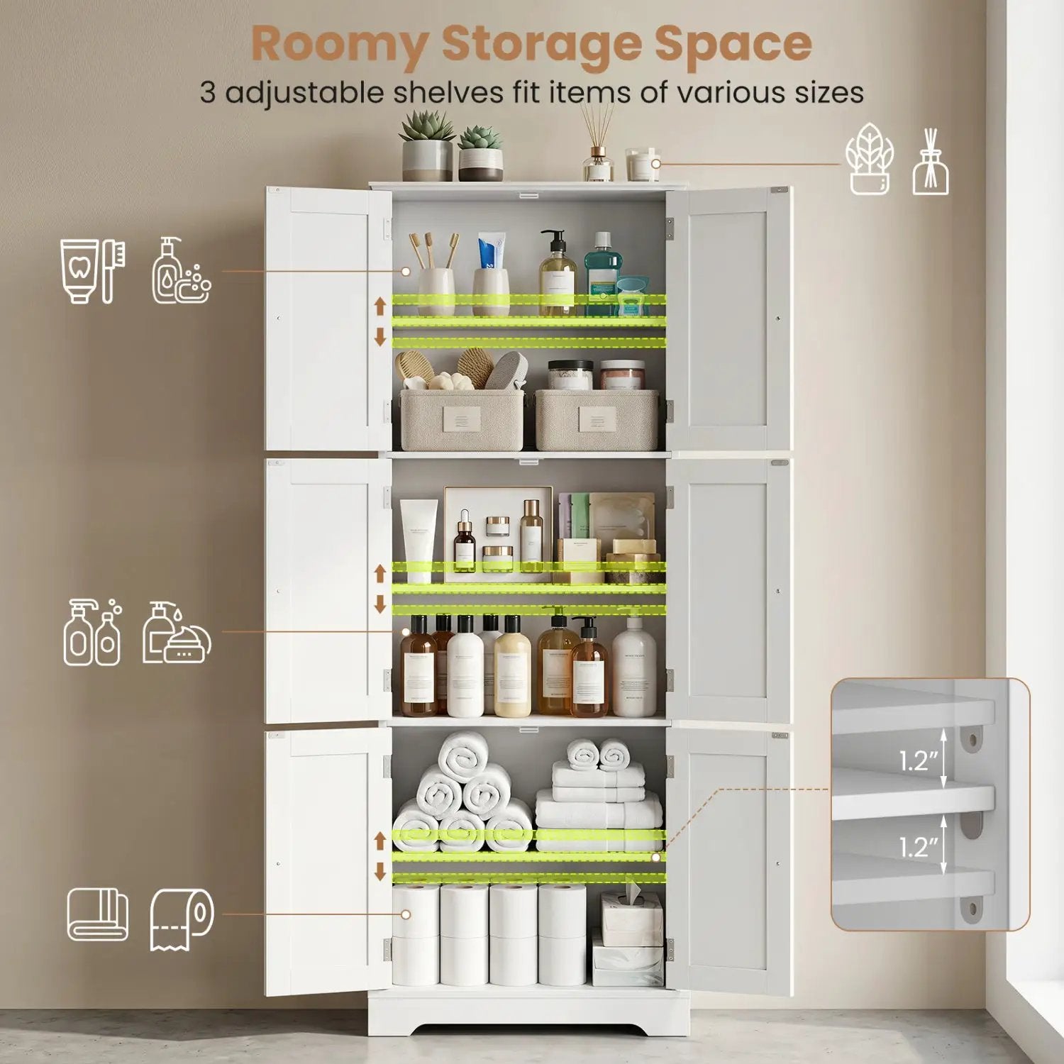 63-Inch Tall Bathroom Storage Cabinet with 6 Doors by DirectDeals