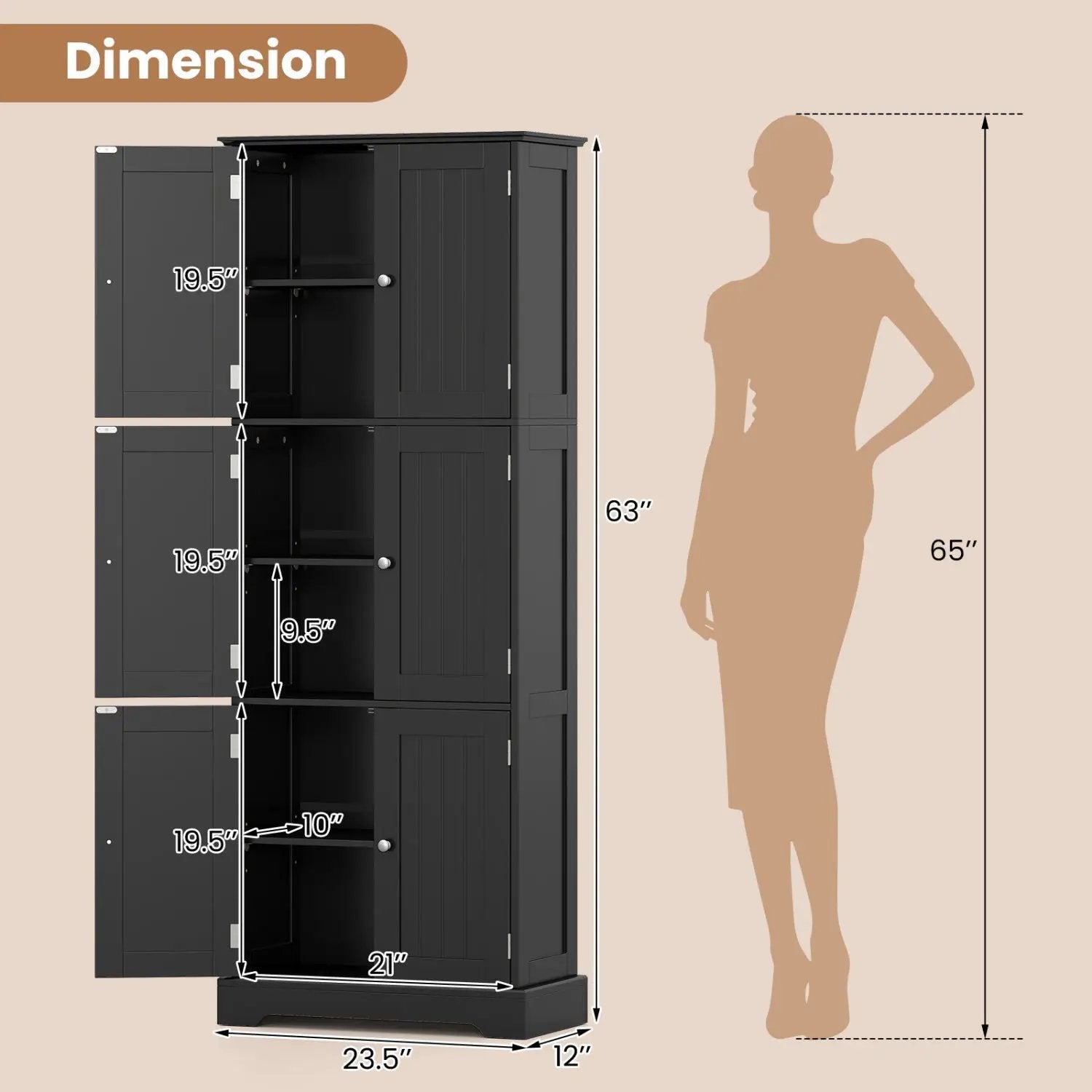 63-Inch Tall Bathroom Storage Cabinet with 6 Doors by DirectDeals