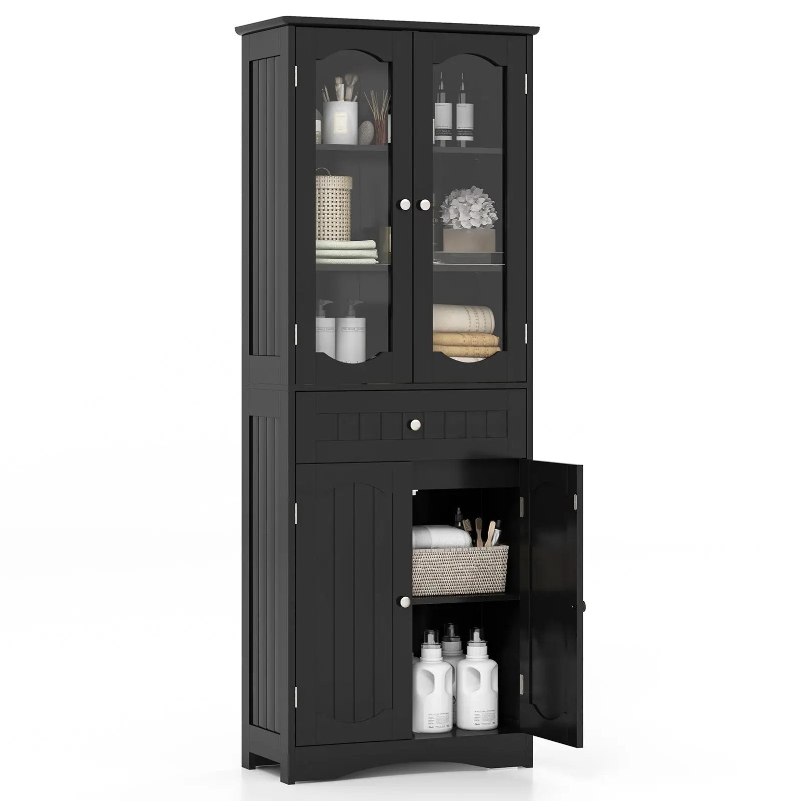 63 Inch Tall Bathroom Storage Cabinet with 2 Glass Doors and Adjustable Shelves Drawer by DirectDeals