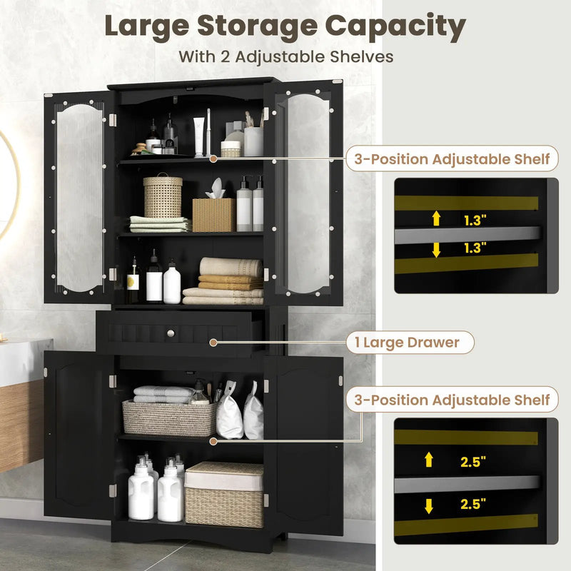 63 Inch Tall Bathroom Storage Cabinet with 2 Glass Doors and Adjustable Shelves Drawer by DirectDeals
