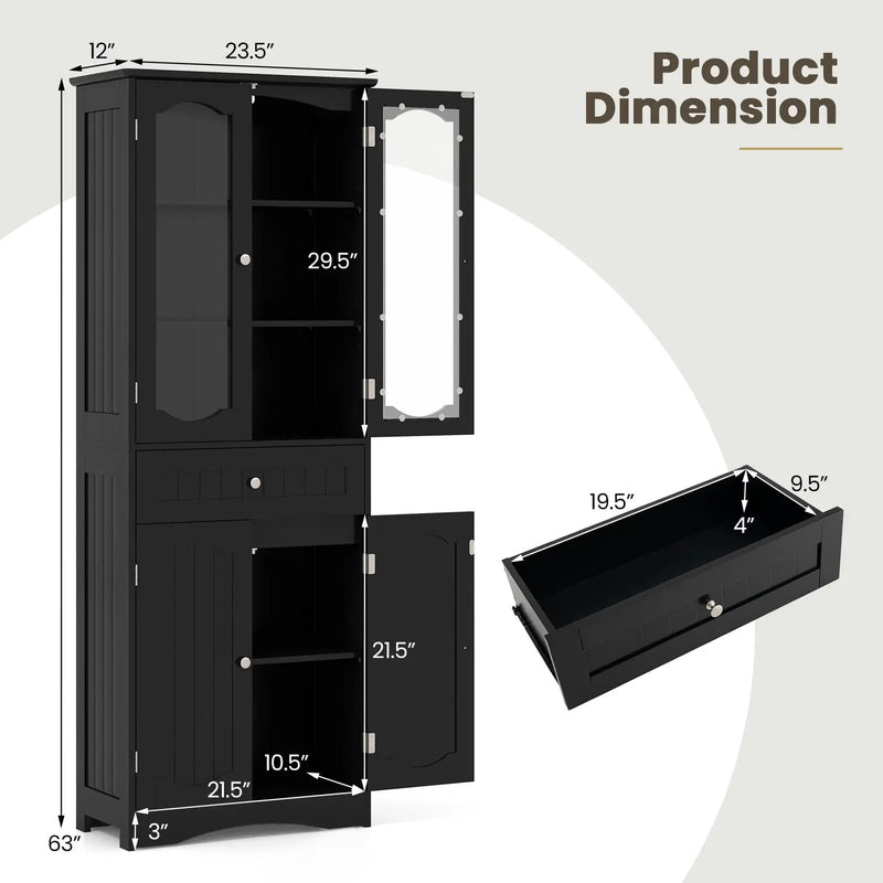 63 Inch Tall Bathroom Storage Cabinet with 2 Glass Doors and Adjustable Shelves Drawer by DirectDeals