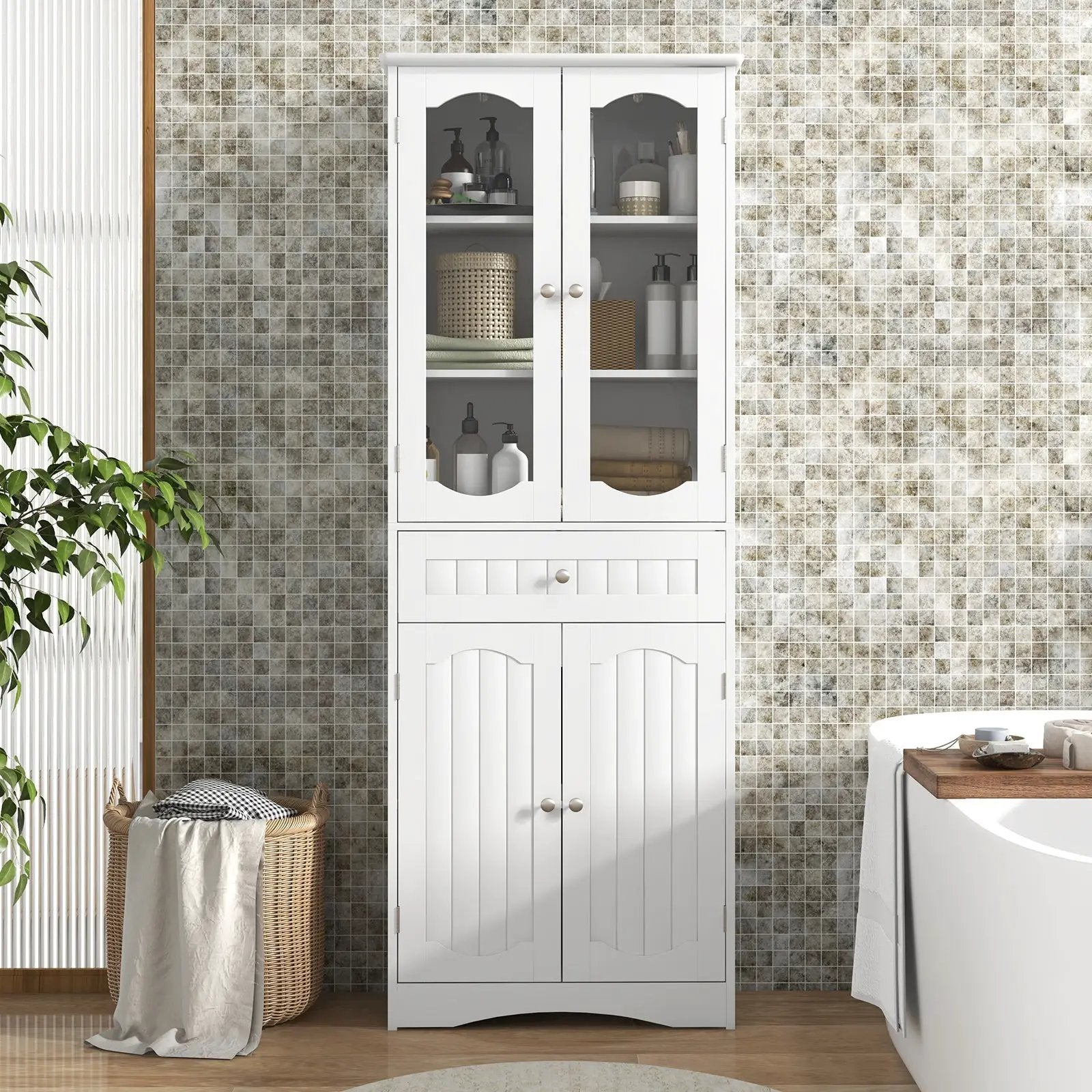 63 Inch Tall Bathroom Storage Cabinet with 2 Glass Doors and Adjustable Shelves Drawer by DirectDeals