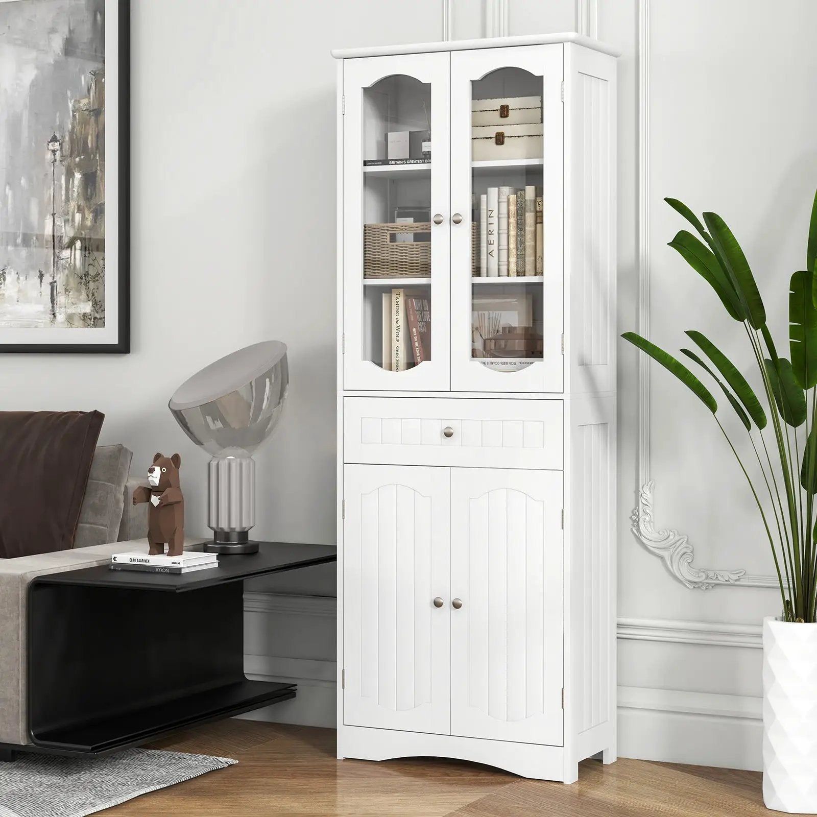 63 Inch Tall Bathroom Storage Cabinet with 2 Glass Doors and Adjustable Shelves Drawer by DirectDeals