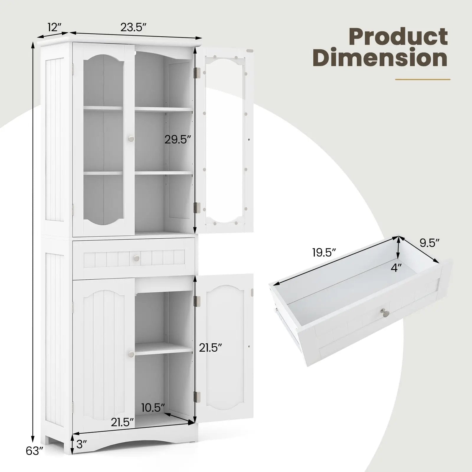 63 Inch Tall Bathroom Storage Cabinet with 2 Glass Doors and Adjustable Shelves Drawer by DirectDeals