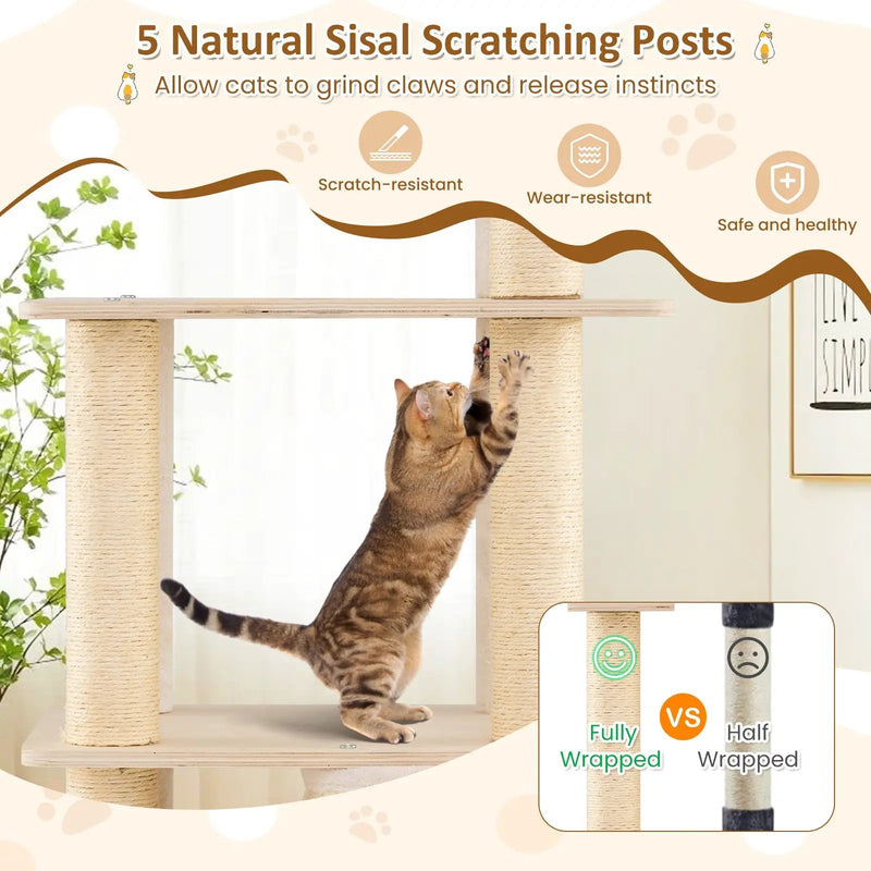 63 Inch Tall Wooden Cat Tree with 2-Story Condo and Plush Padded Top Perch-Natural by DirectDeals