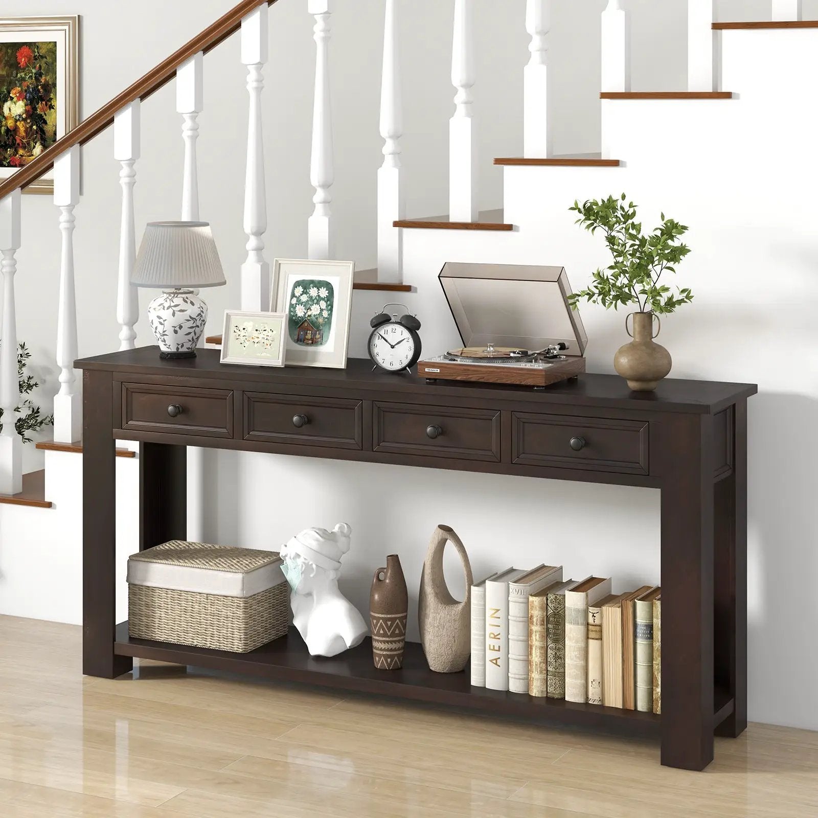 63 Inches Farmhouse Entryway Table with 4 Storage Drawers and Open Shelf-Espresso by DirectDeals