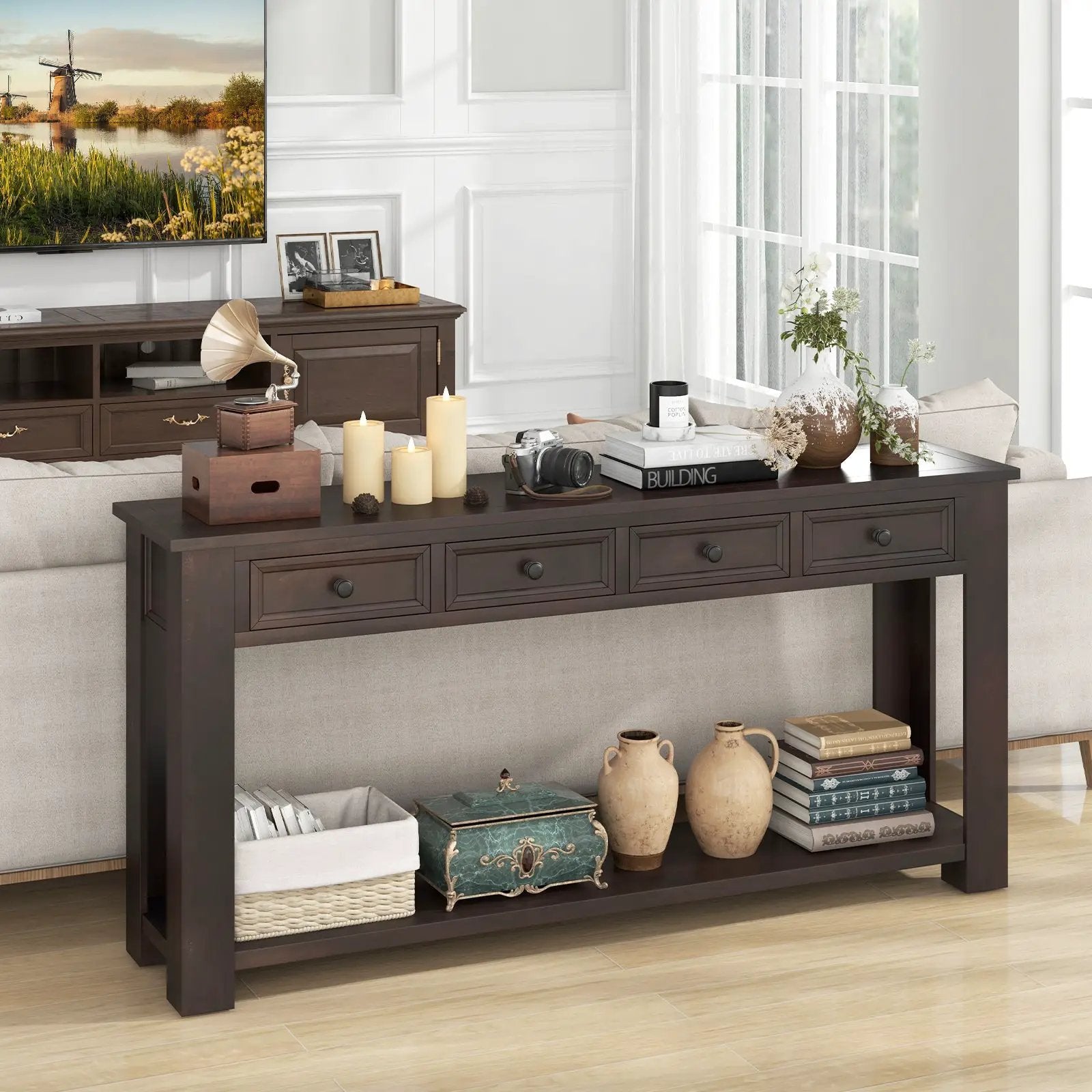 63 Inches Farmhouse Entryway Table with 4 Storage Drawers and Open Shelf-Espresso by DirectDeals