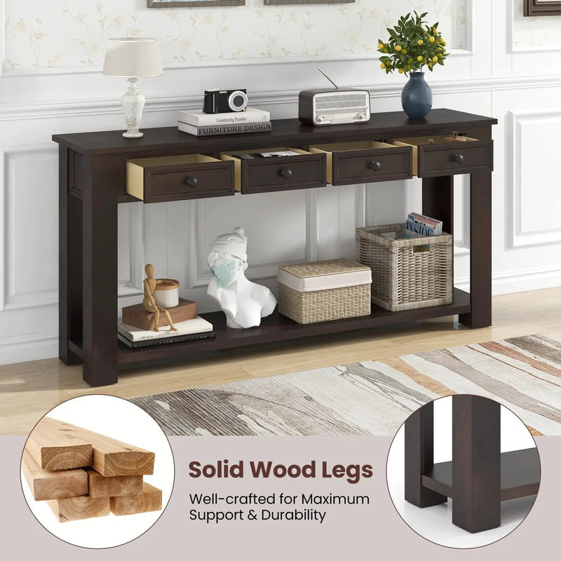 63 Inches Farmhouse Entryway Table with 4 Storage Drawers and Open Shelf-Espresso by DirectDeals