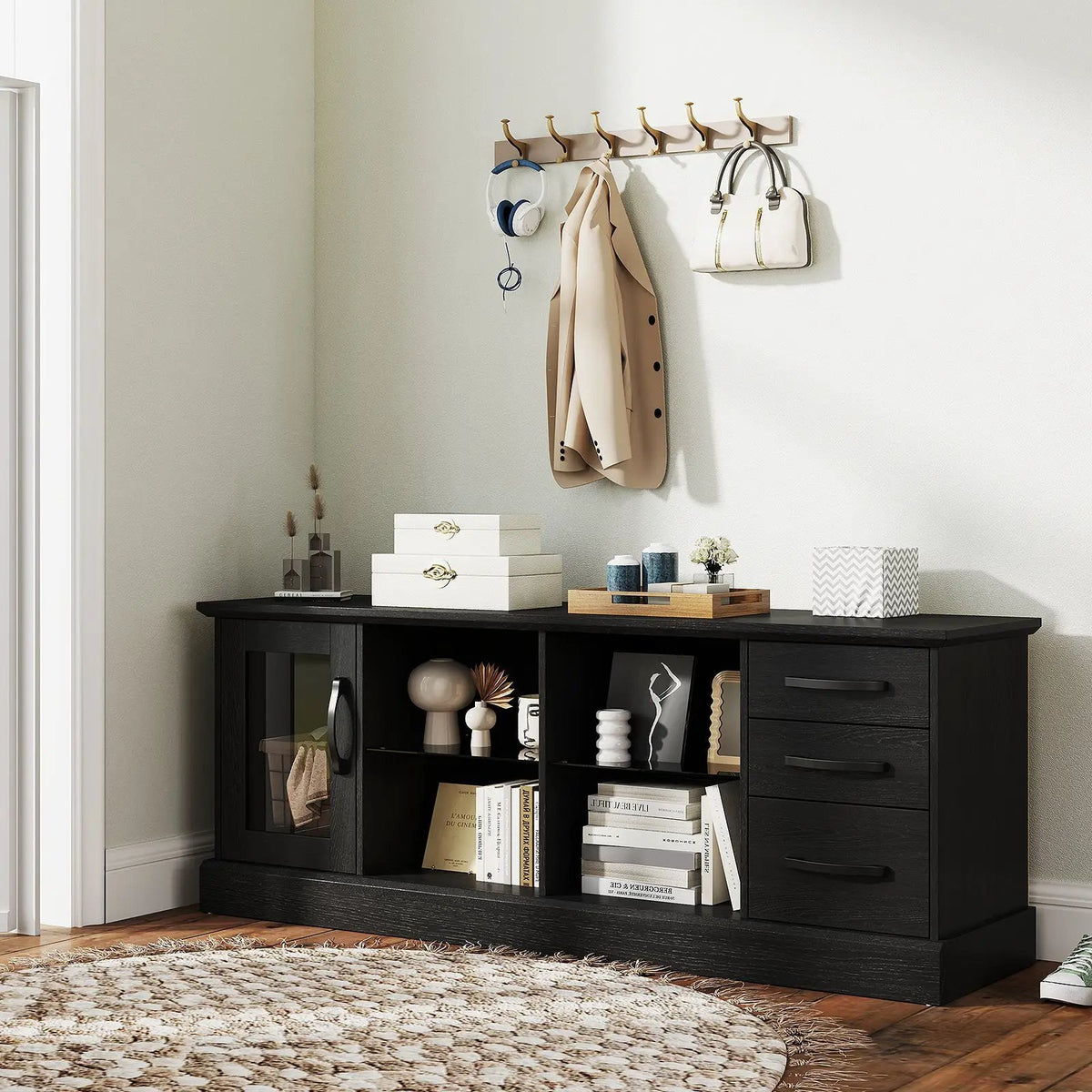 63 Inches Media Console Table with 3 Drawers and 2 Glass Shelves, photo 2 of 9