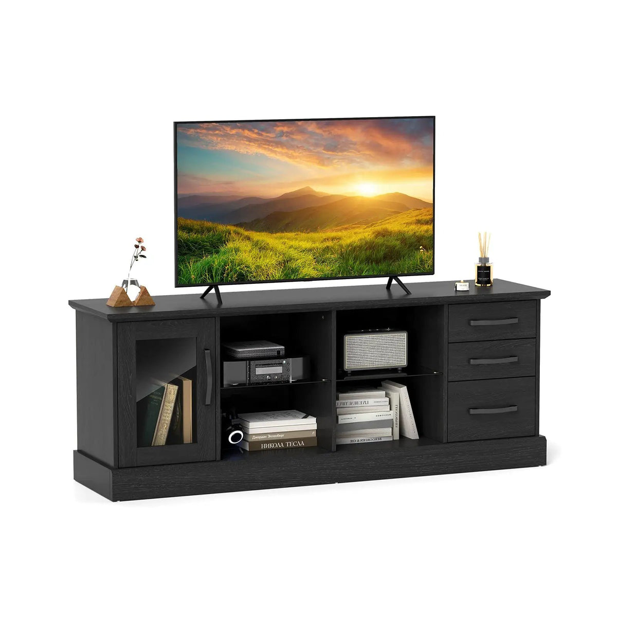 63 Inches Media Console Table with 3 Drawers and 2 Glass Shelves, photo 3 of 9