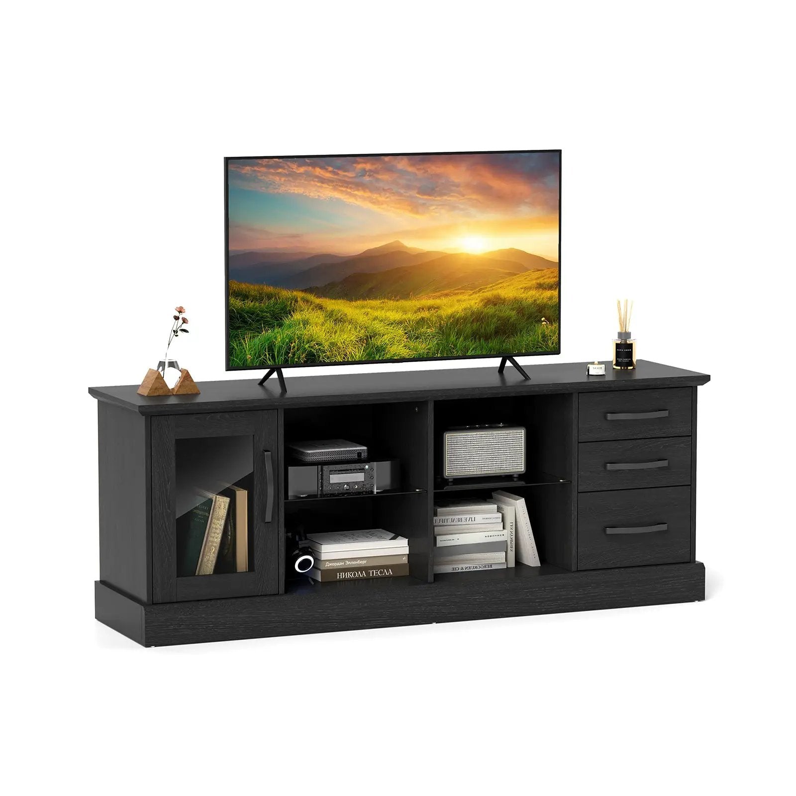 63 Inches Media Console Table with 3 Drawers and 2 Glass Shelves by DirectDeals