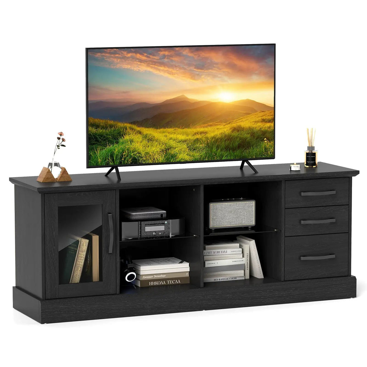 63 Inches Media Console Table with 3 Drawers and 2 Glass Shelves, photo 4 of 9