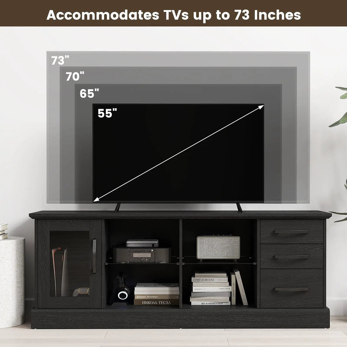 63 Inches Media Console Table with 3 Drawers and 2 Glass Shelves, photo 6 of 9
