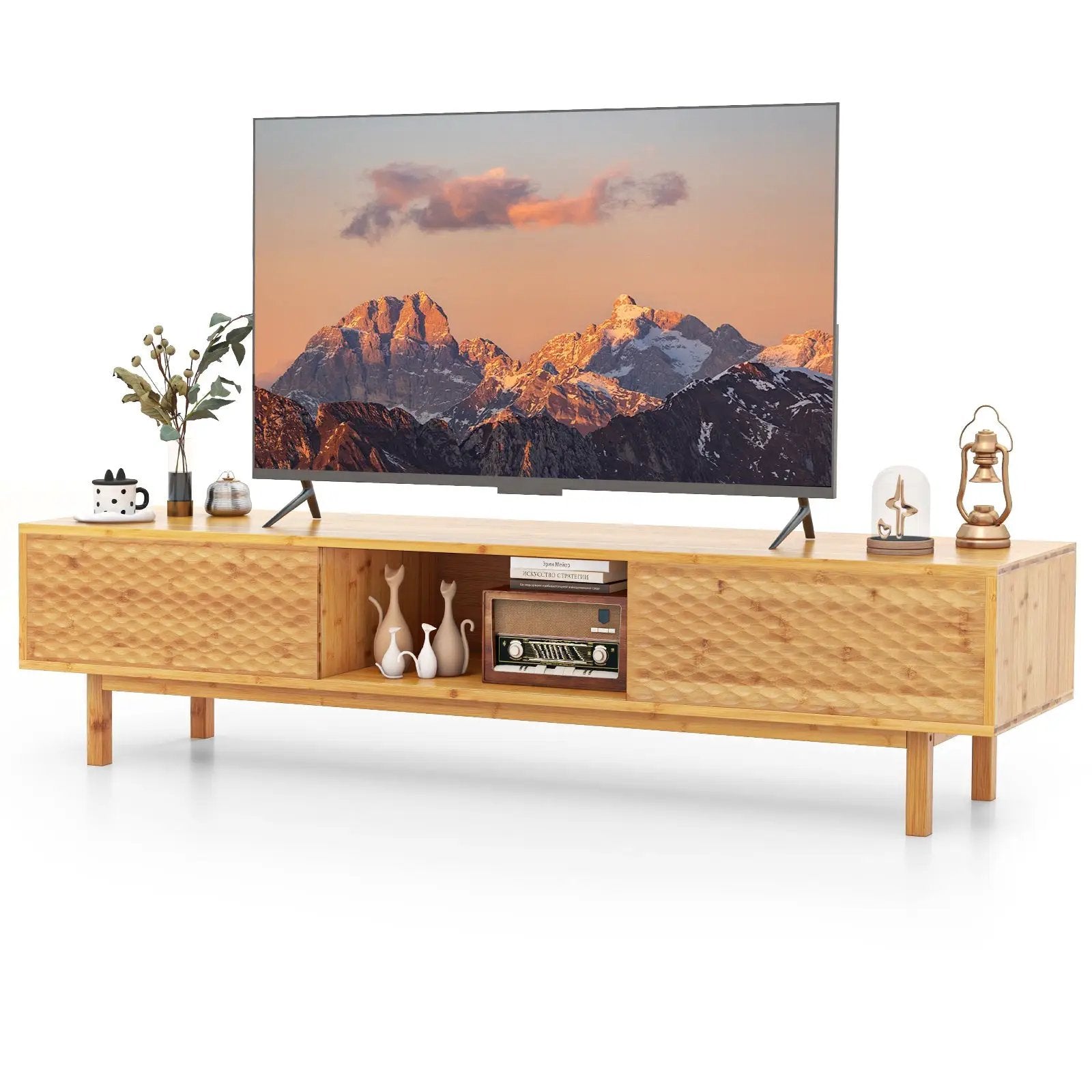 63 Inches Mid Century Modern Bamboo TV Stand with Sliding Doors-Natural by DirectDeals