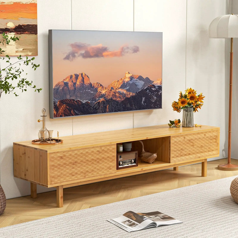 63 Inches Mid Century Modern Bamboo TV Stand with Sliding Doors-Natural by DirectDeals