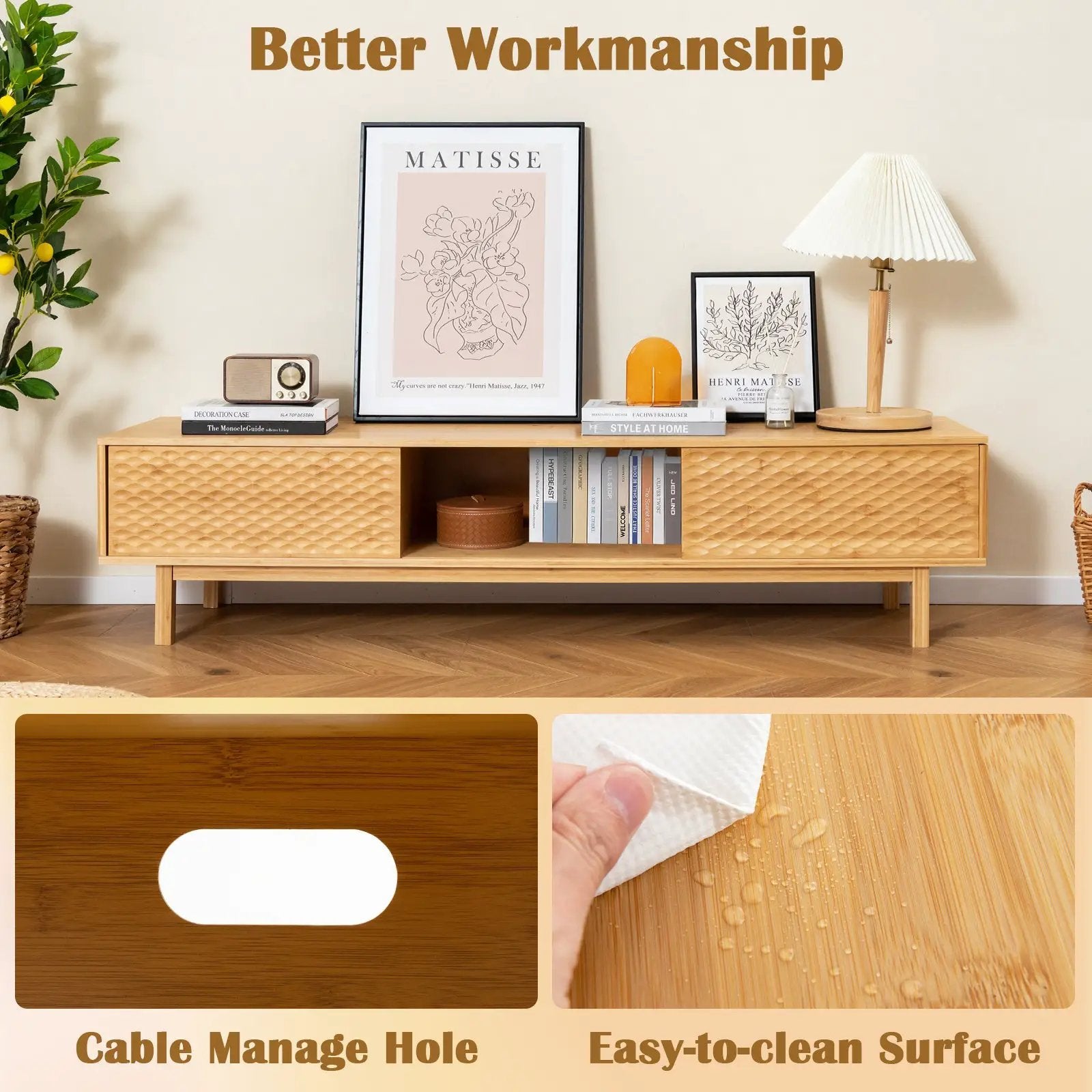 63 Inches Mid Century Modern Bamboo TV Stand with Sliding Doors-Natural by DirectDeals