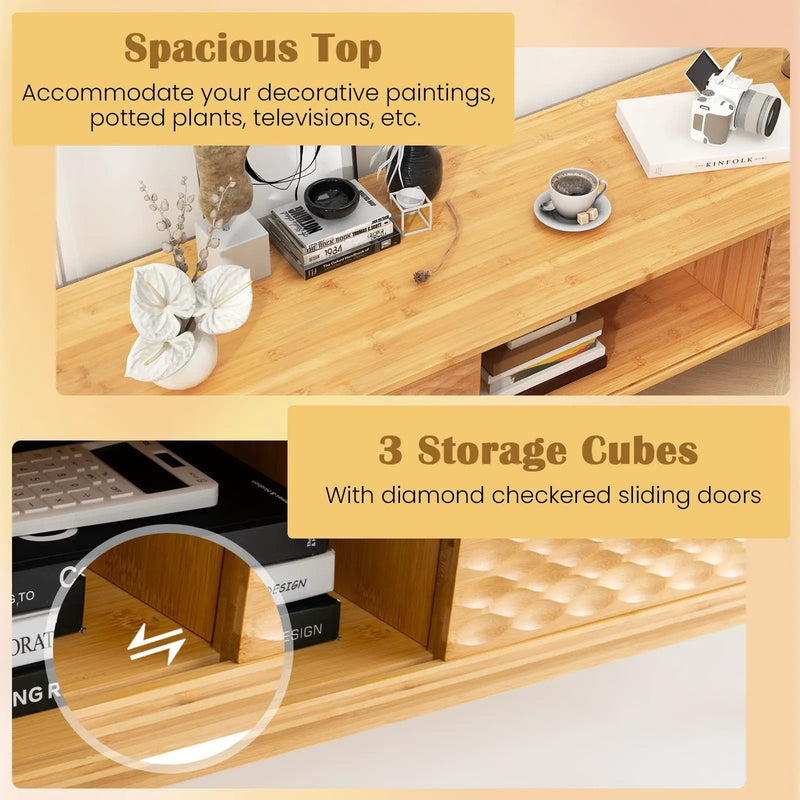 63 Inches Mid Century Modern Bamboo TV Stand with Sliding Doors-Natural by DirectDeals
