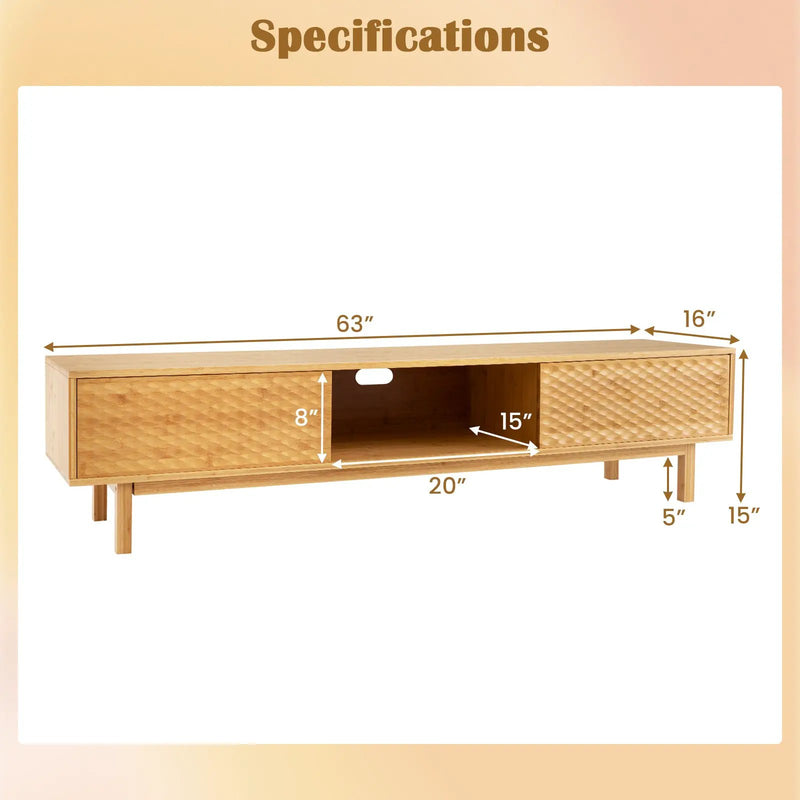 63 Inches Mid Century Modern Bamboo TV Stand with Sliding Doors-Natural by DirectDeals