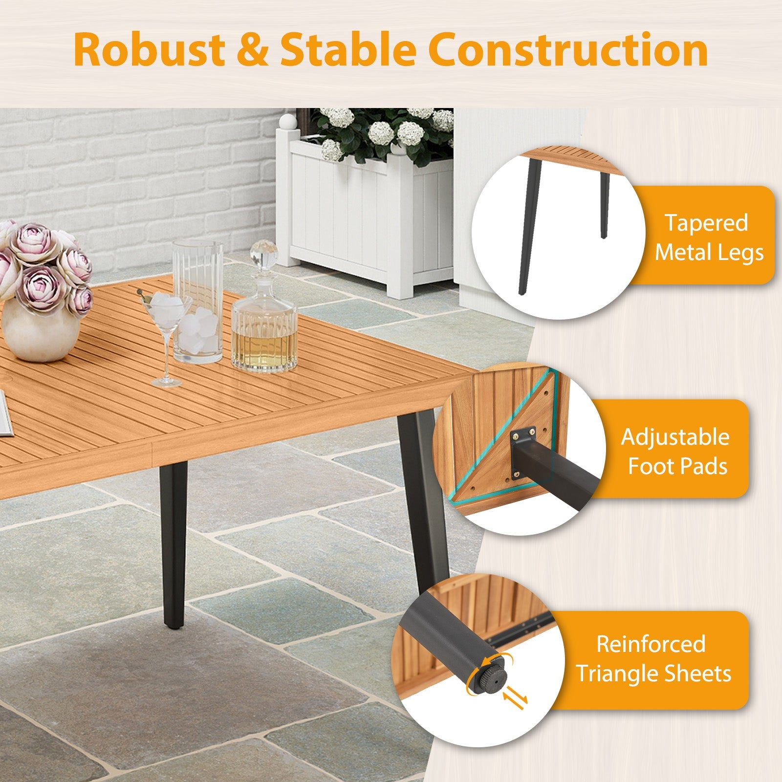 63 Inches Outdoor Indoor Dining Table with 1.97 Inches Umbrella Hole and Metal Legs by DirectDeals