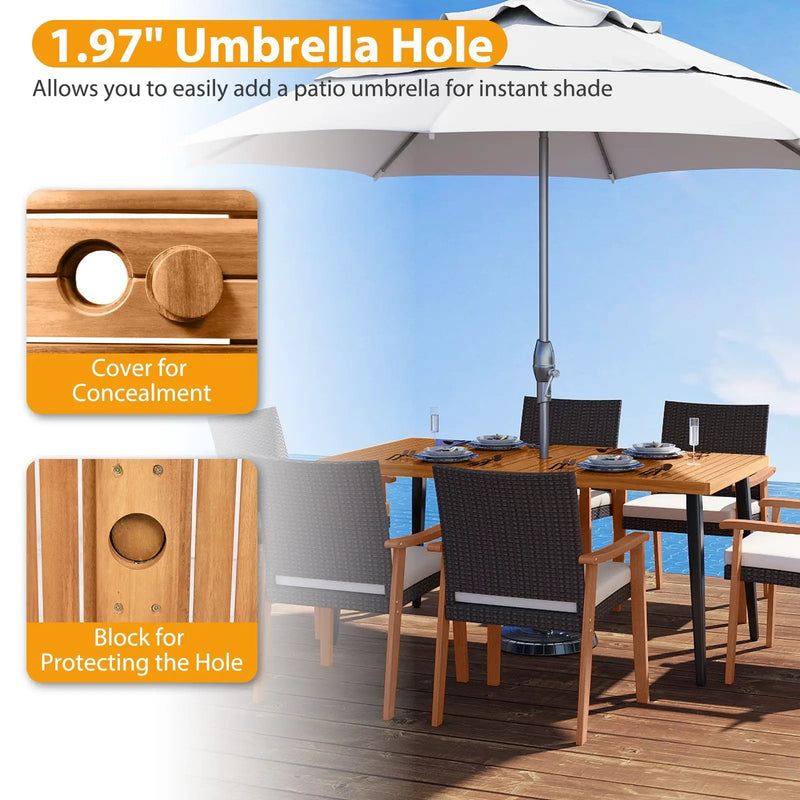 63 Inches Outdoor Indoor Dining Table with 1.97 Inches Umbrella Hole and Metal Legs by DirectDeals