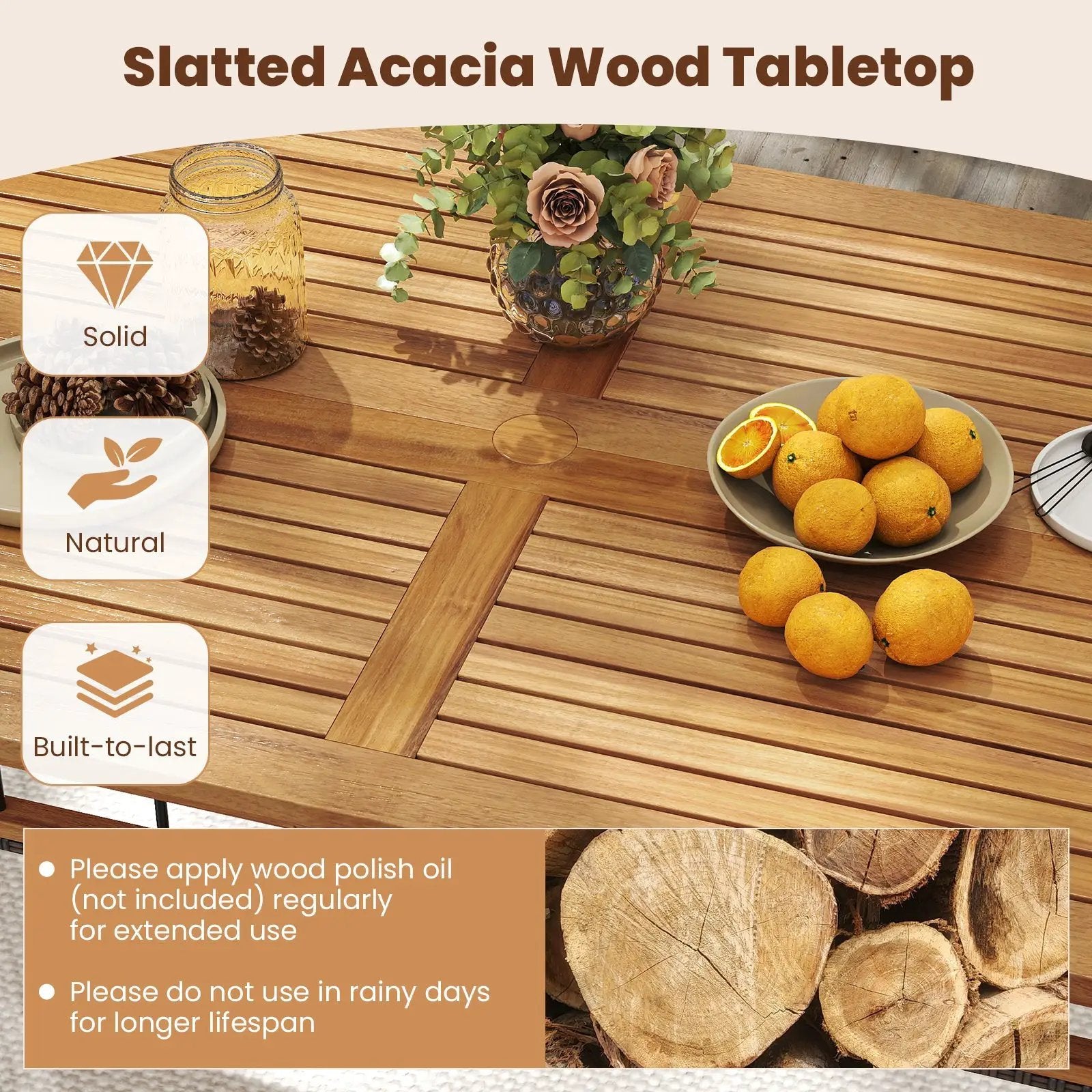 63" Outdoor Dining Table with Acacia Wood Slatted Tabletop by DirectDeals