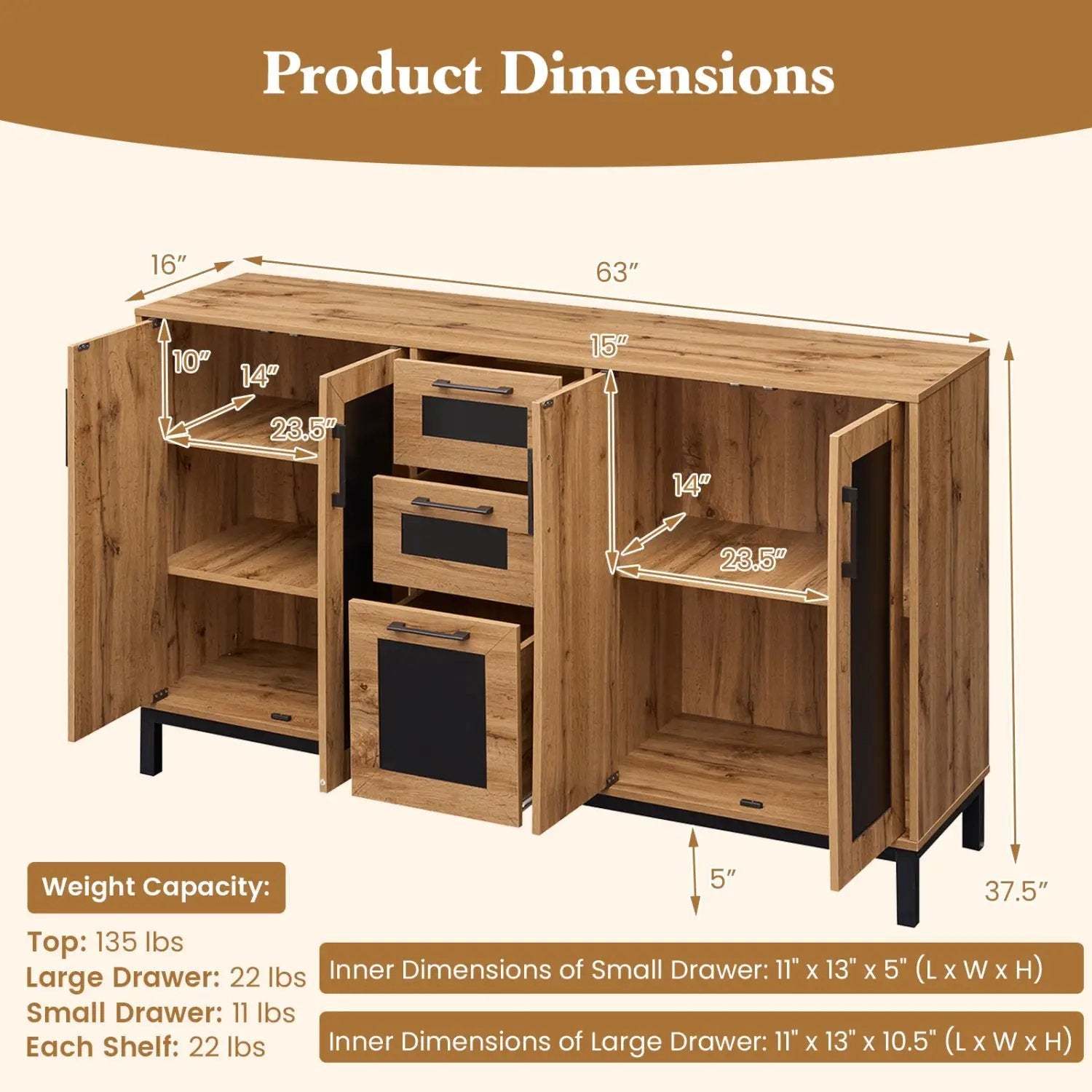 63" Sideboard Buffet Cabinet with 3 Drawers and Storage Shelves by DirectDeals