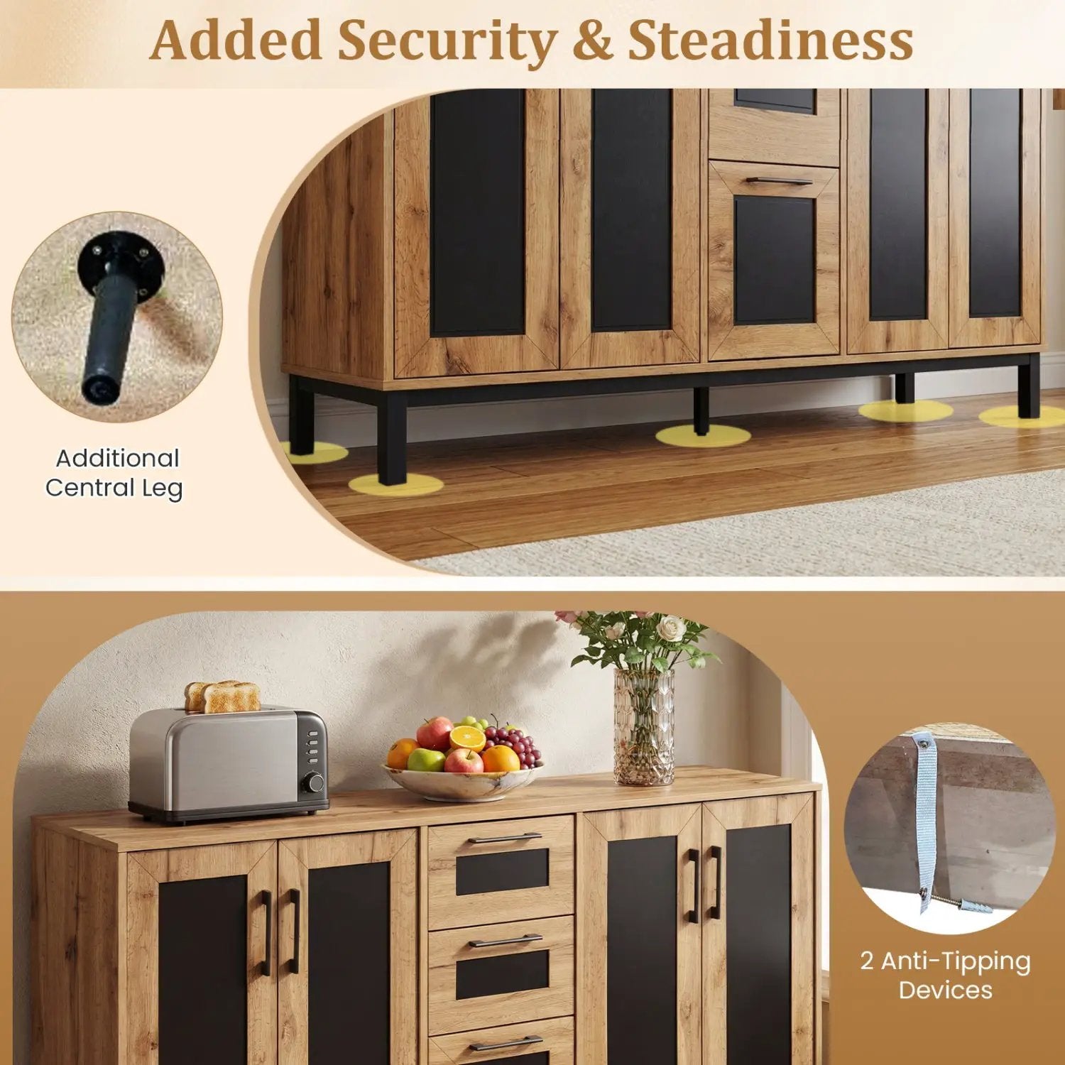63" Sideboard Buffet Cabinet with 3 Drawers and Storage Shelves by DirectDeals