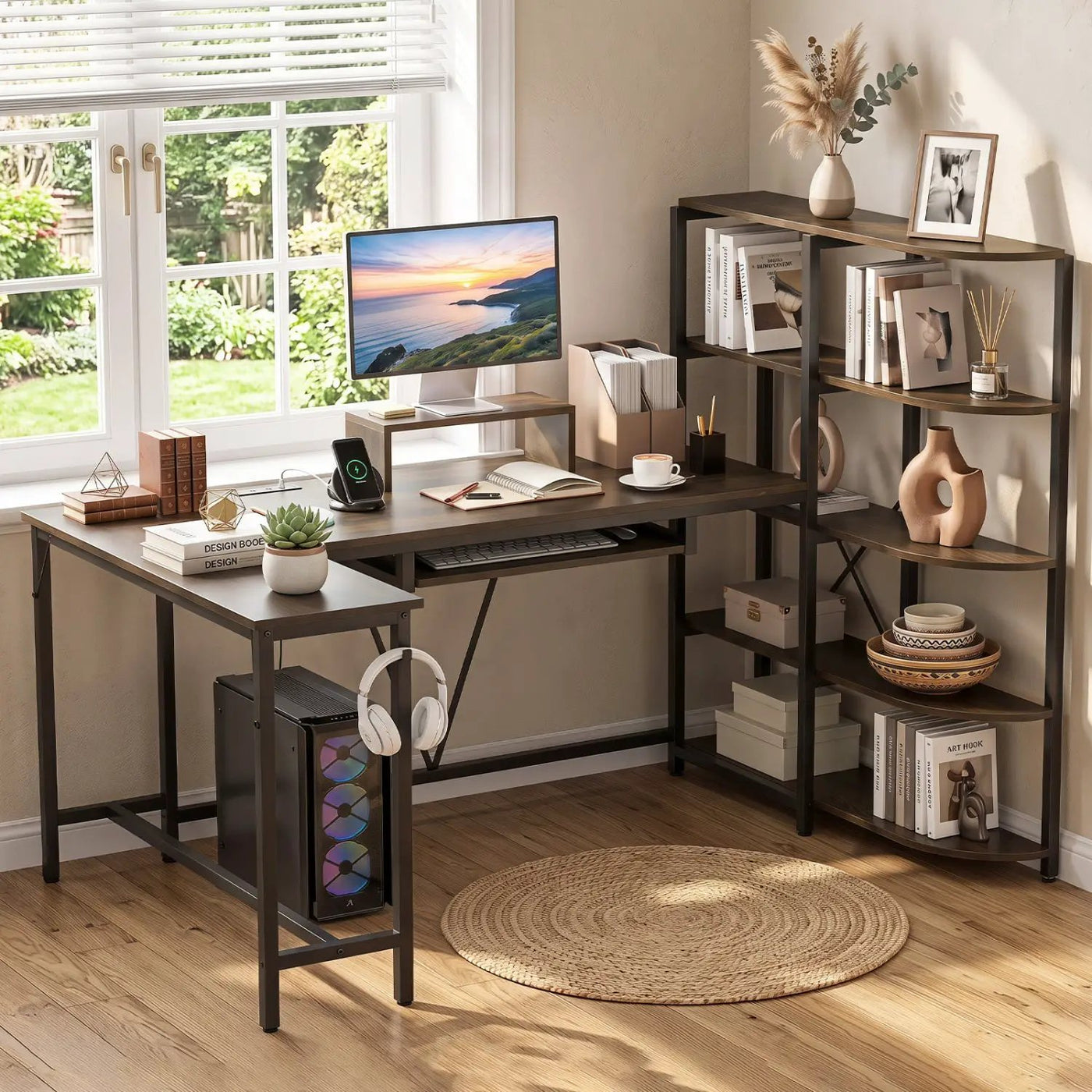 63" U-Shaped Computer Desk with Power Outlets & Bookshelf by DirectDeals
