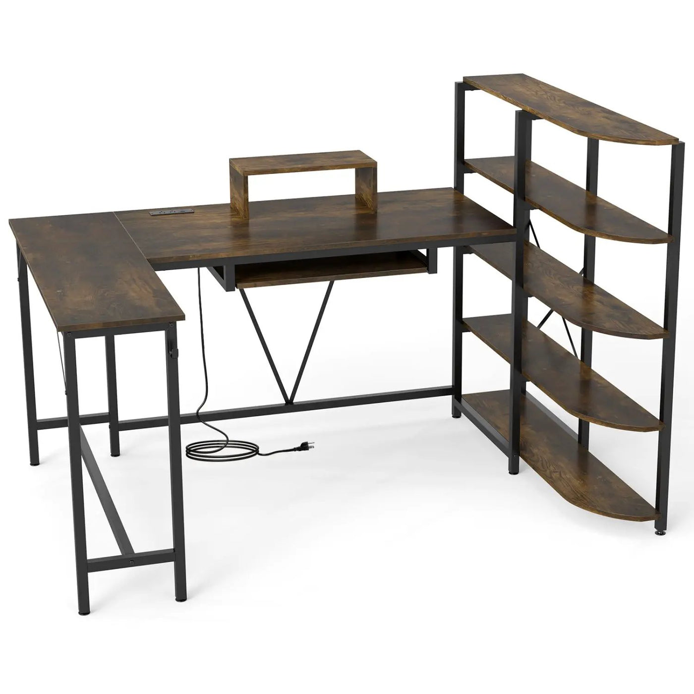 63" U-Shaped Computer Desk with Power Outlets & Bookshelf by DirectDeals