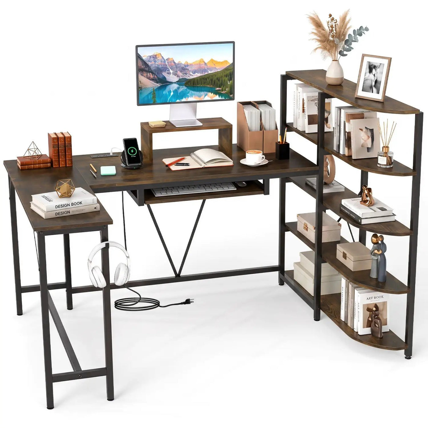 63" U-Shaped Computer Desk with Power Outlets & Bookshelf by DirectDeals