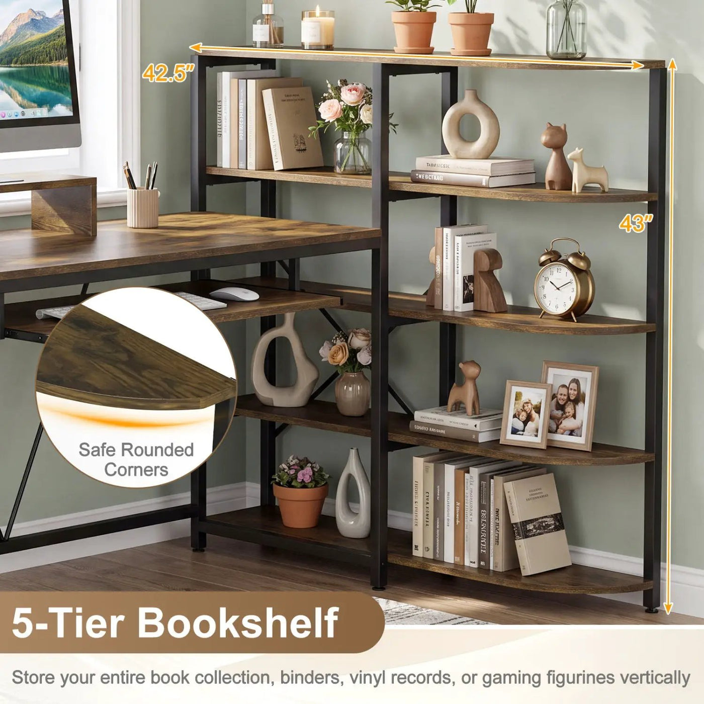 63" U-Shaped Computer Desk with Power Outlets & Bookshelf by DirectDeals