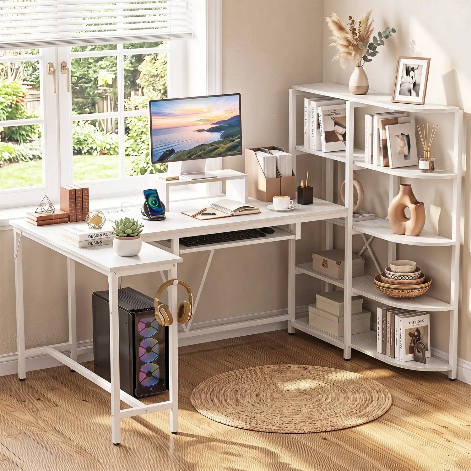 63" U-Shaped Computer Desk with Power Outlets & Bookshelf by DirectDeals
