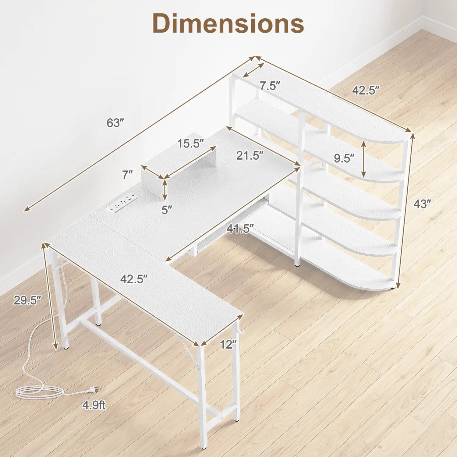 63" U-Shaped Computer Desk with Power Outlets & Bookshelf by DirectDeals