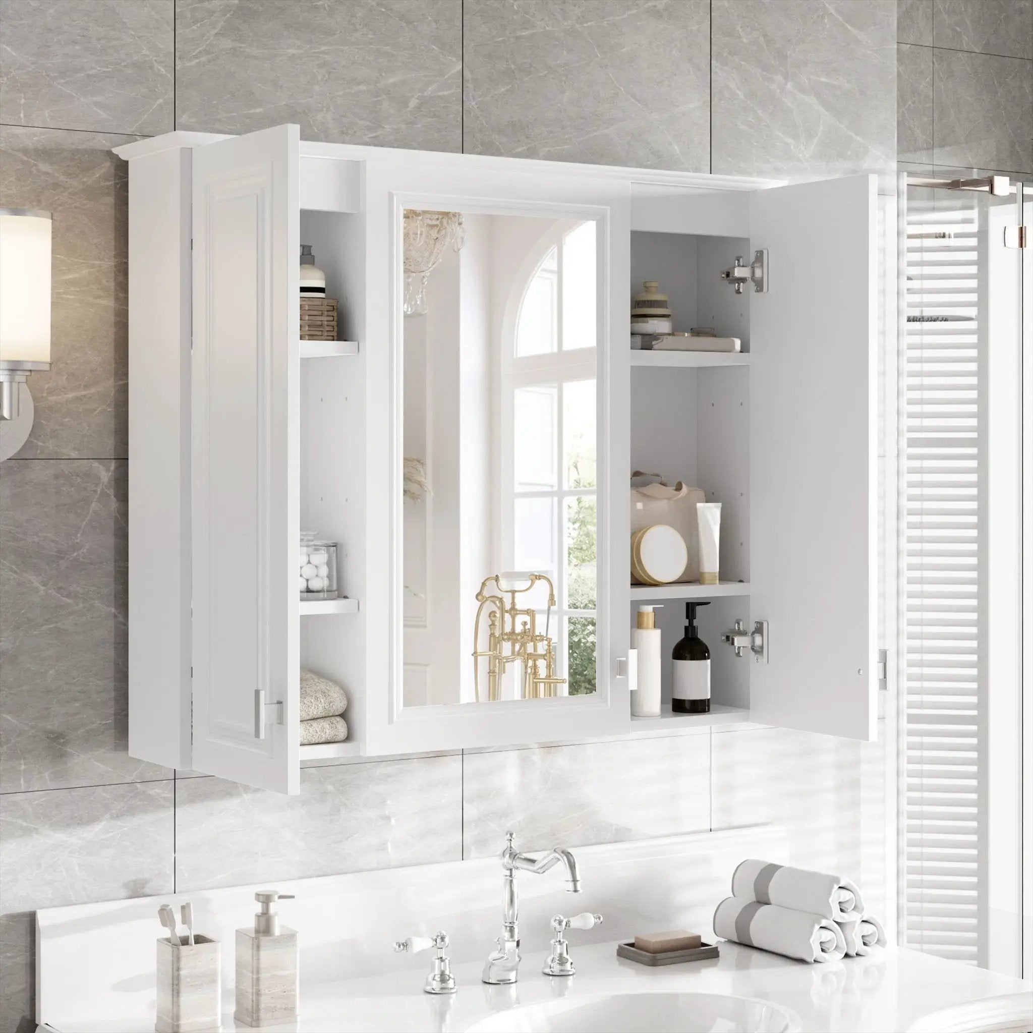 Wall Mounted Mirror Cabinet With 5 Adjustable Shelves, Rectangular Storage For Bathroom - White by Unique Piece Furniture