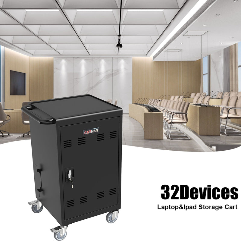 Mobile Charging Cart And Cabinet For Tablets Laptops 32-Device - Matt Black by HouseOfZazla