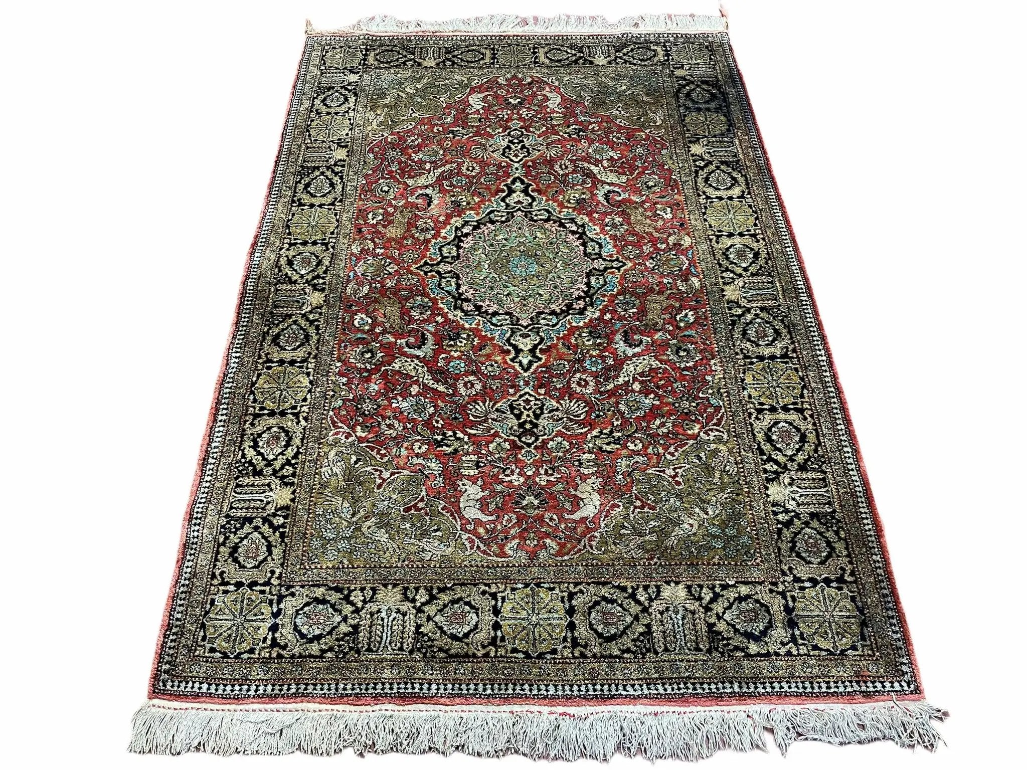 Persian Qum Silk Rug 3.8 x 5.6, Silk on Silk, Animal Pictorials, Fine 330 KPSI by Jewel Rugs