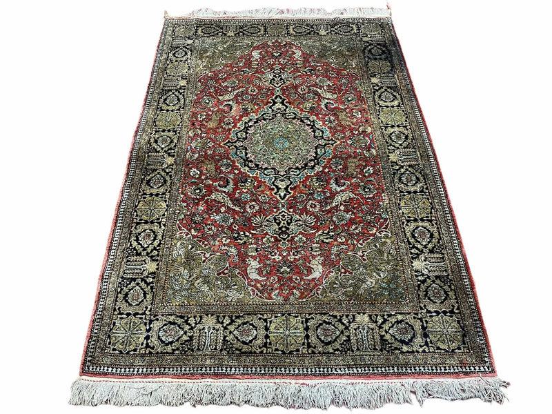 Persian Qum Silk Rug 3.8 x 5.6, Silk on Silk, Animal Pictorials, Fine 330 KPSI by Jewel Rugs