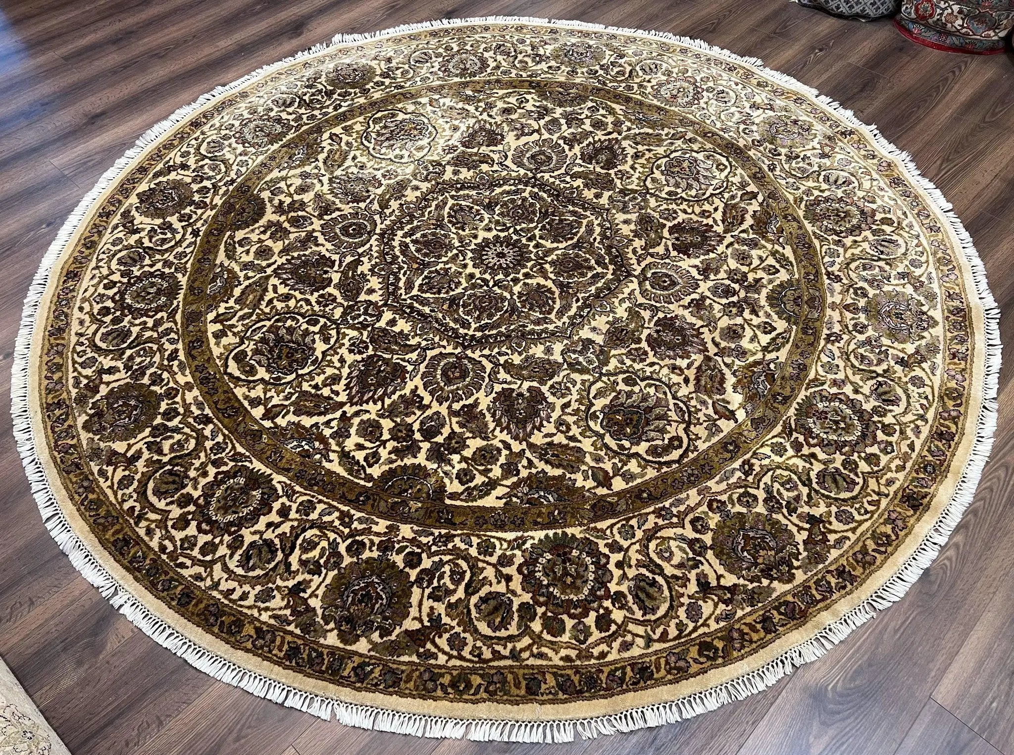 Round Indo Persian Rug 8x8 ft, Large Hand Knotted Vintage Wool Circular Carpet, 8ft Round Oriental Rug, Floral Medallion, Cream and Green by Jewel Rugs