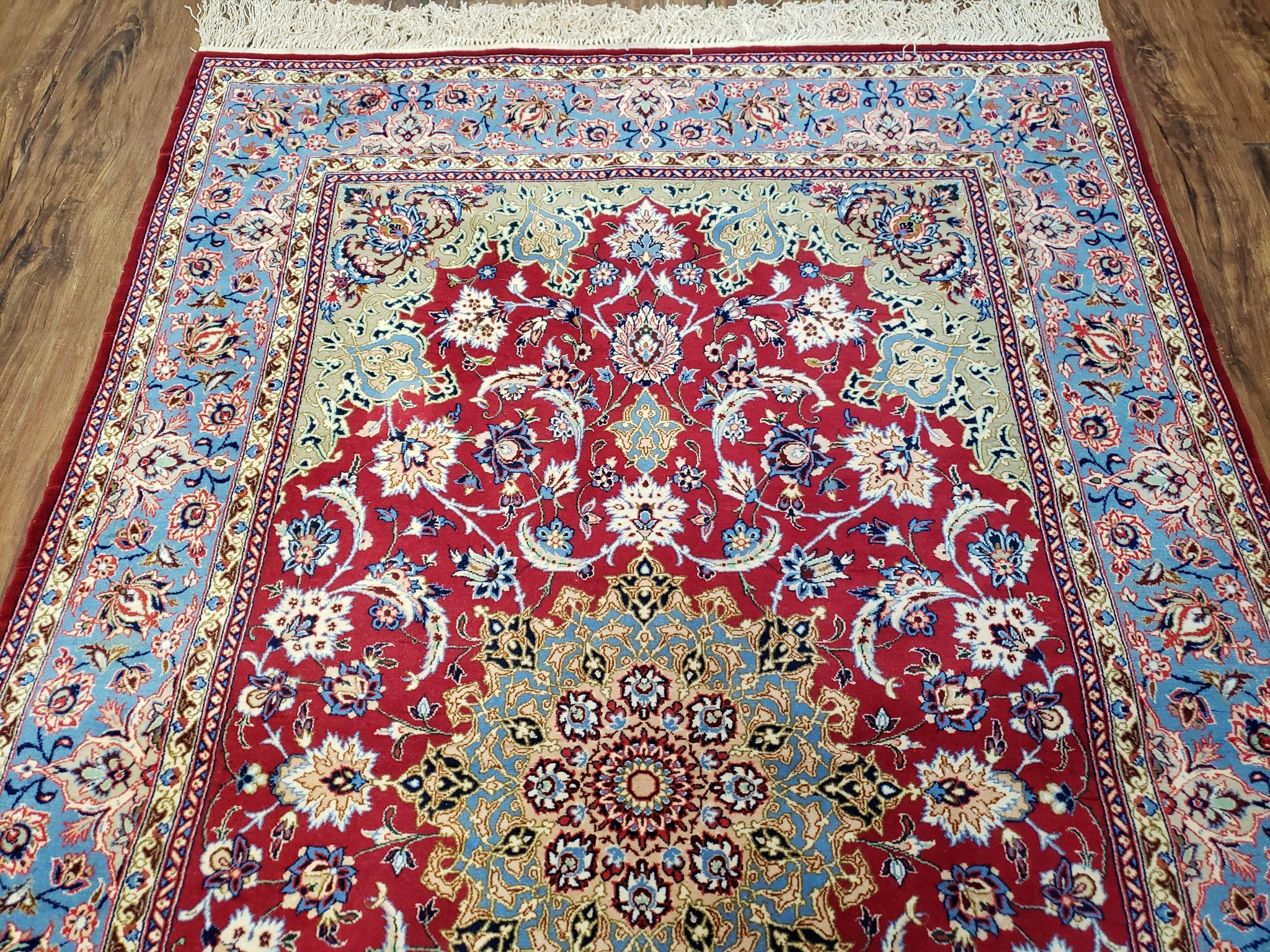 Semi Antique Persian Isfahan Rug, Kork Wool on Silk Foundation, Red & Blue, Top Quality, 3'6" x 5' 6" by Jewel Rugs