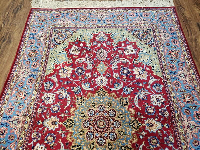 Semi Antique Persian Isfahan Rug, Kork Wool on Silk Foundation, Red & Blue, Top Quality, 3'6" x 5' 6" by Jewel Rugs