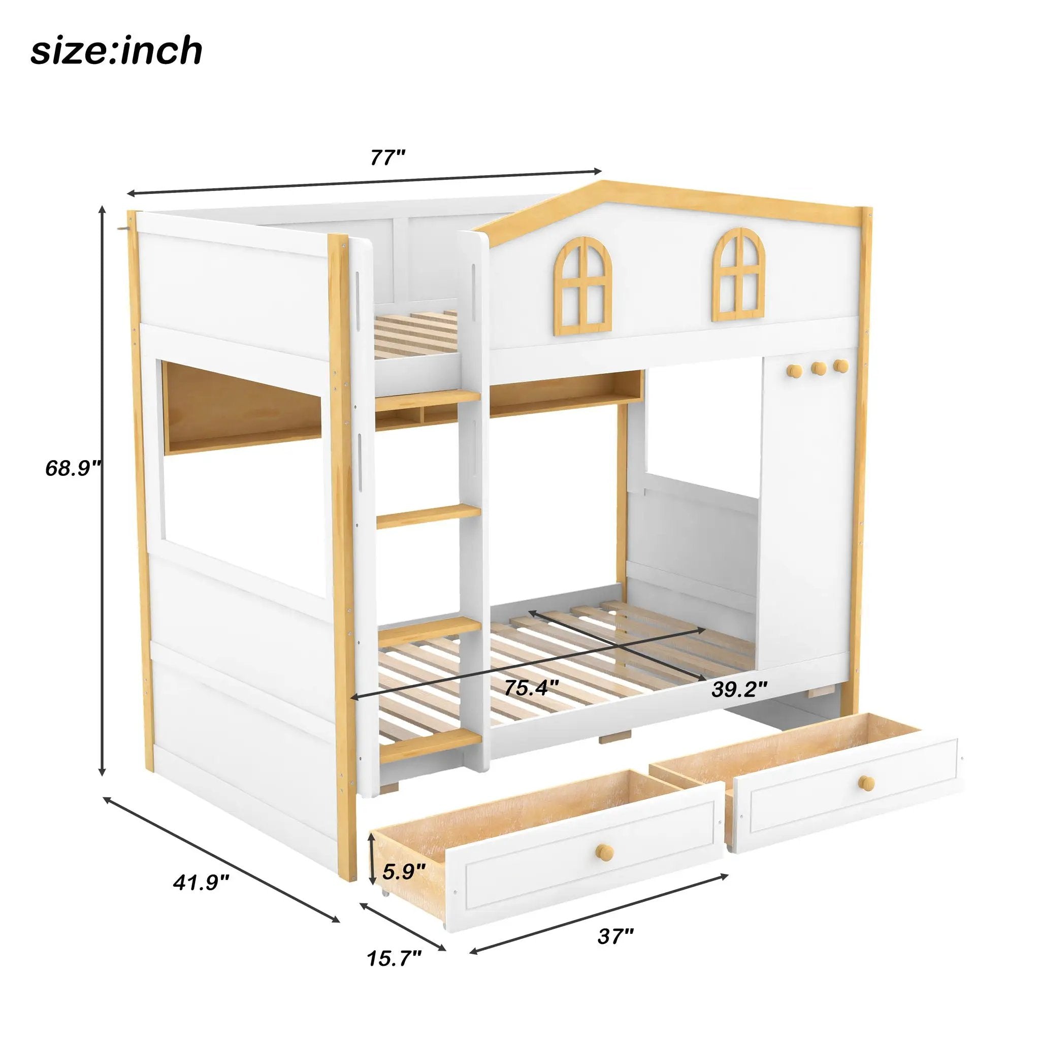 Twin Over Twin Bunk Bed With House Shaped Guardrails, Storage Shelves & Drawers - White / Natural by HouseOfZazla