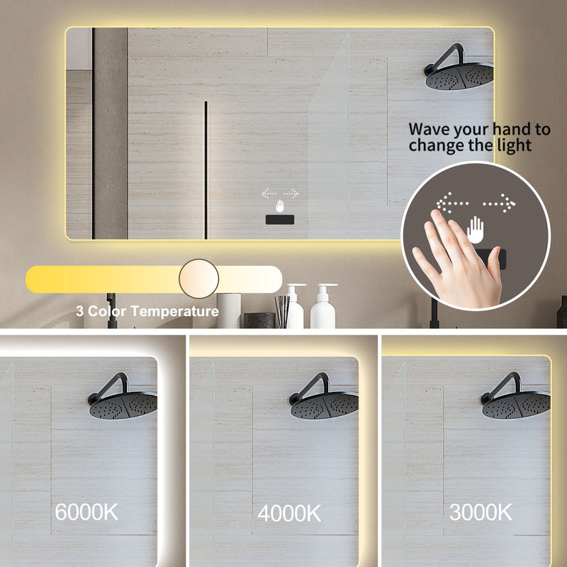 Frameless Bathroom Mirror With Light, LED Backlit, Tri Color Dimming, Anti Fog, Smart Sensor - Silver by HouseOfZazla