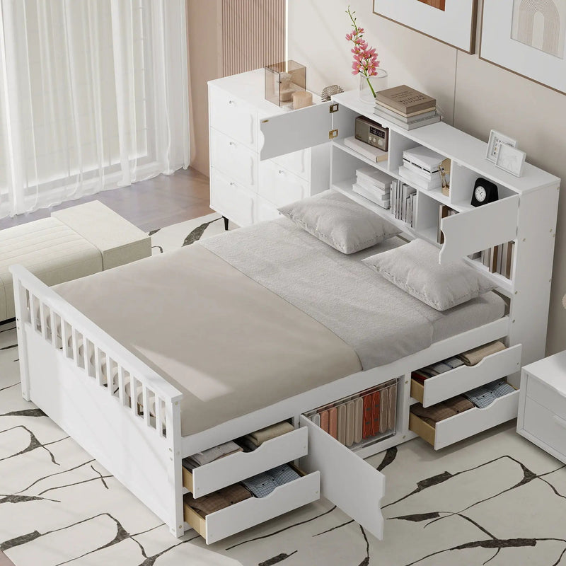 Captain Platform Bed Frame With Bookcase Headboard, 4 Drawers, Storage Shelves by Unique Piece Furniture
