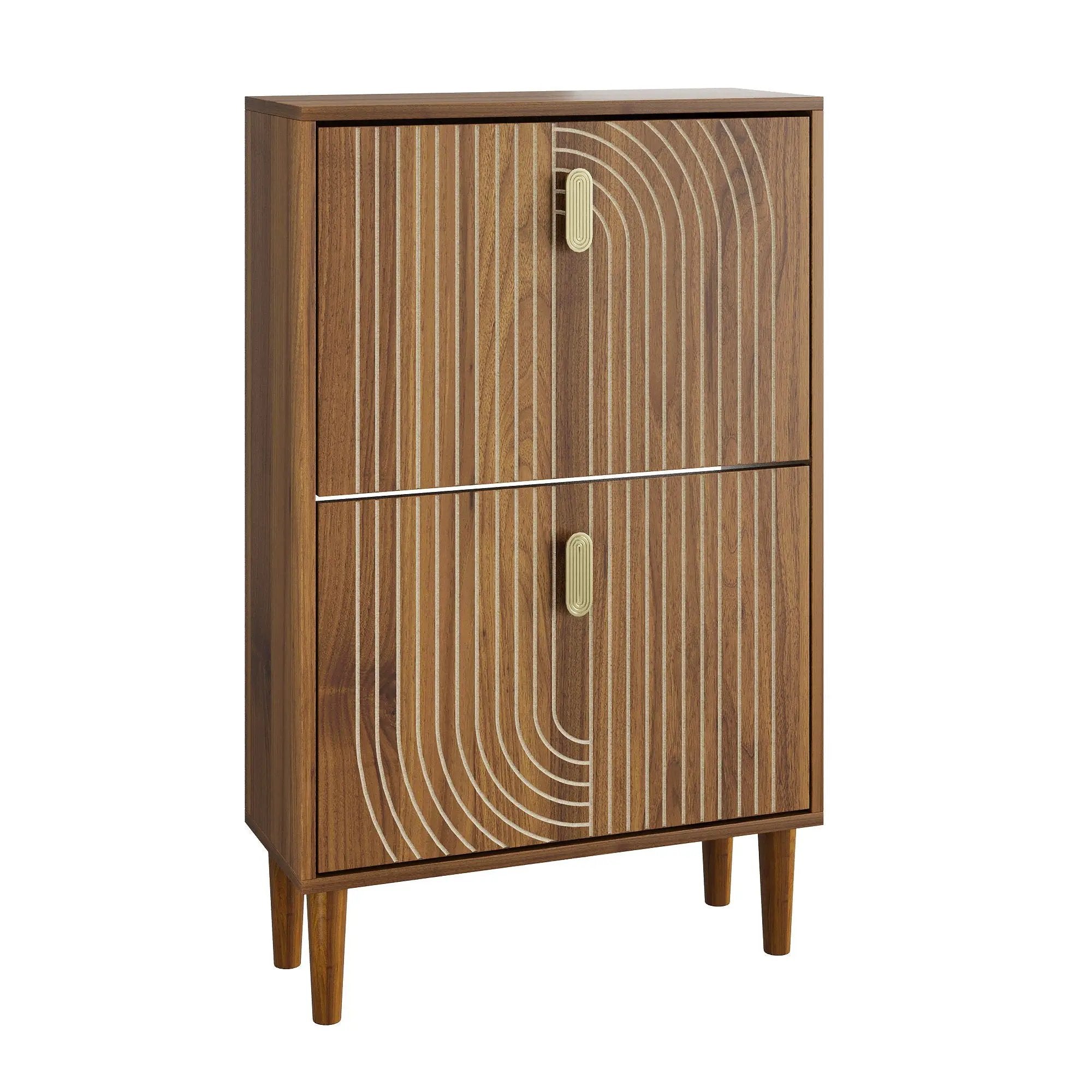 Modern Minimalist Shoe Storage Cabinet With 2 Flip Drawers And Metal Handles - Brown by HouseOfZazla