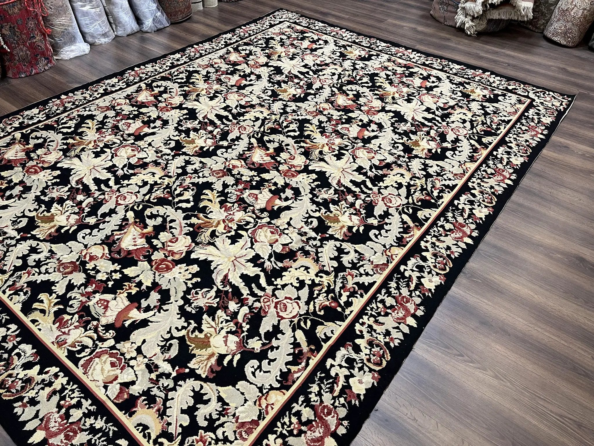 Wool Needlepoint Rug 9x12, William Morris Vintage Chinese Needlepoint Carpet 9 x 12, Handwoven, Allover Floral Area Rug, Black Light Green by Jewel Rugs