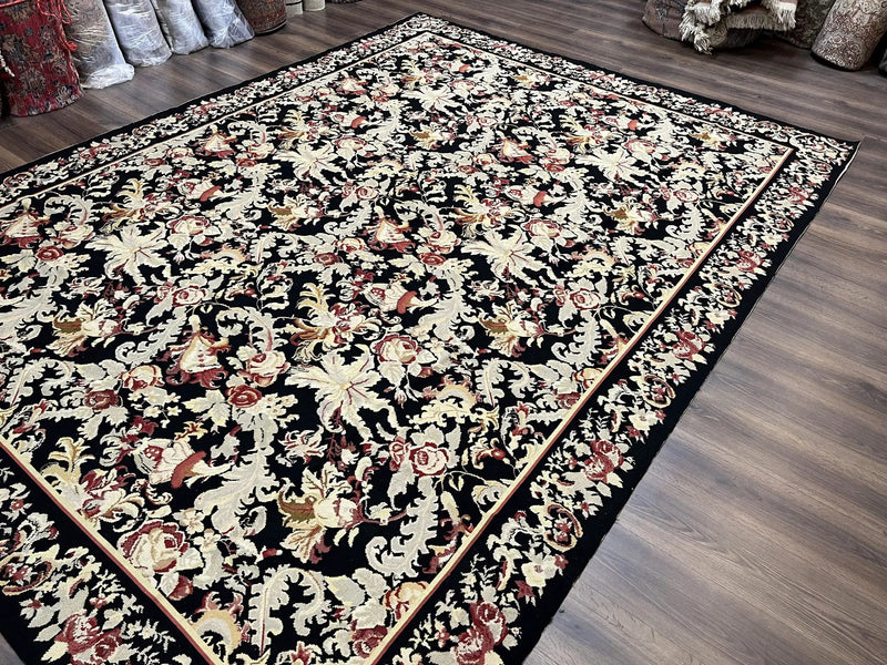 Wool Needlepoint Rug 9x12, William Morris Vintage Chinese Needlepoint Carpet 9 x 12, Handwoven, Allover Floral Area Rug, Black Light Green by Jewel Rugs