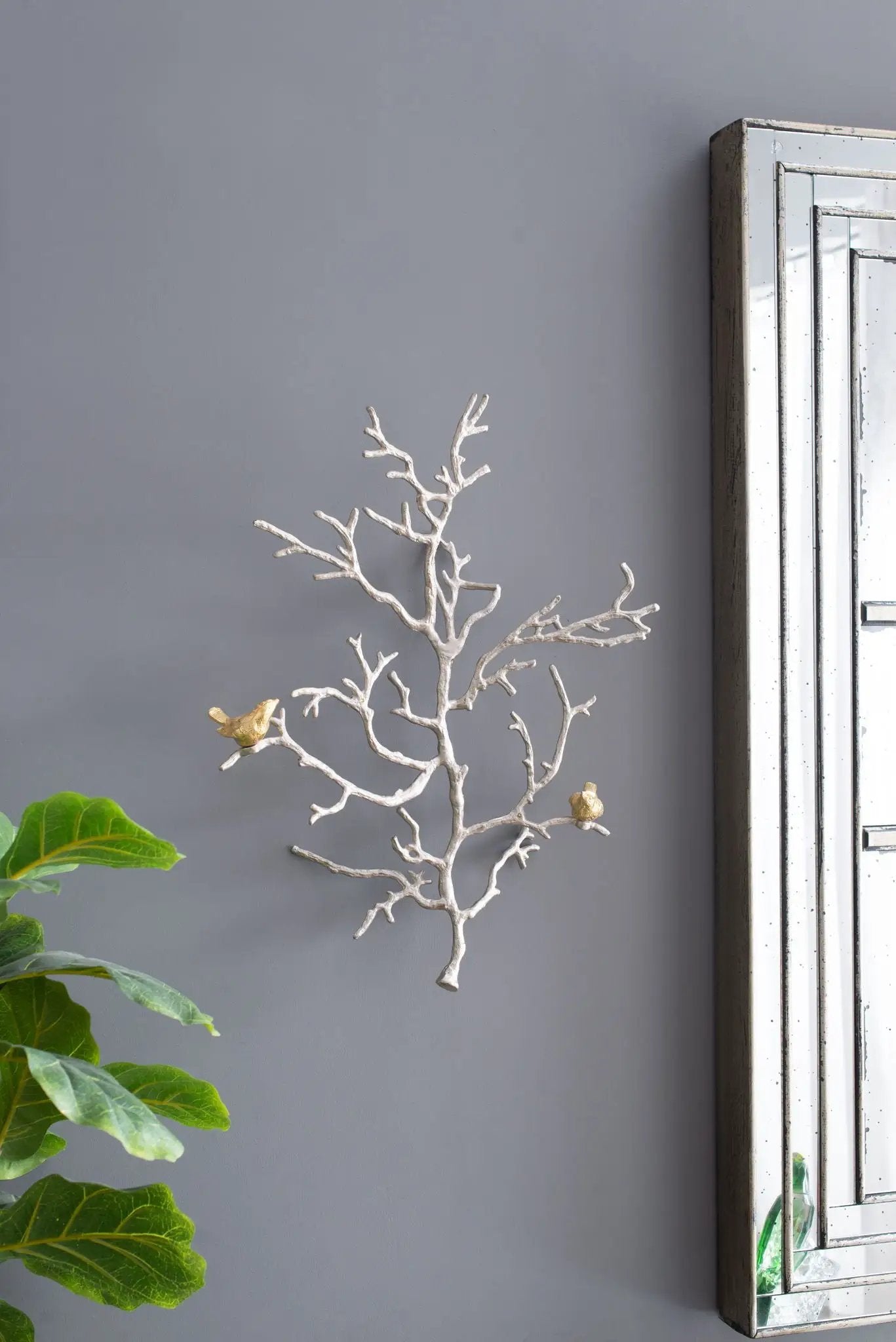 Metal Branch Wall Sculptures With Bird Accents (Set of 2) - Silver Multi by HouseOfZazla